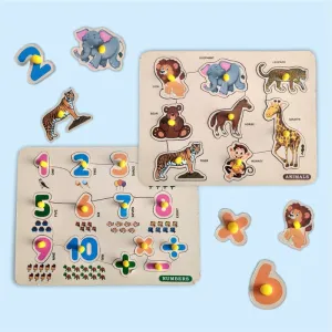 2 in 1 Wooden Number and Wild Animal Puzzles for Kids