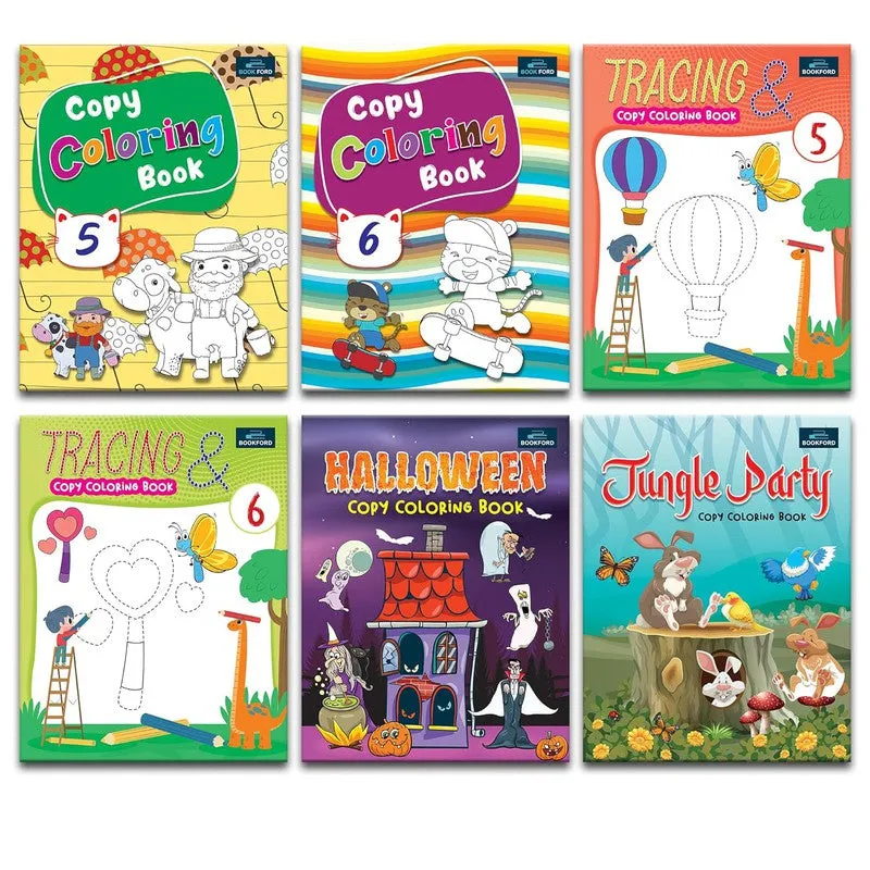 Copy Coloring Books For Kids - Set Of 6 Books - Tracing Copy Coloring Book, Halloween Jungle And Many More