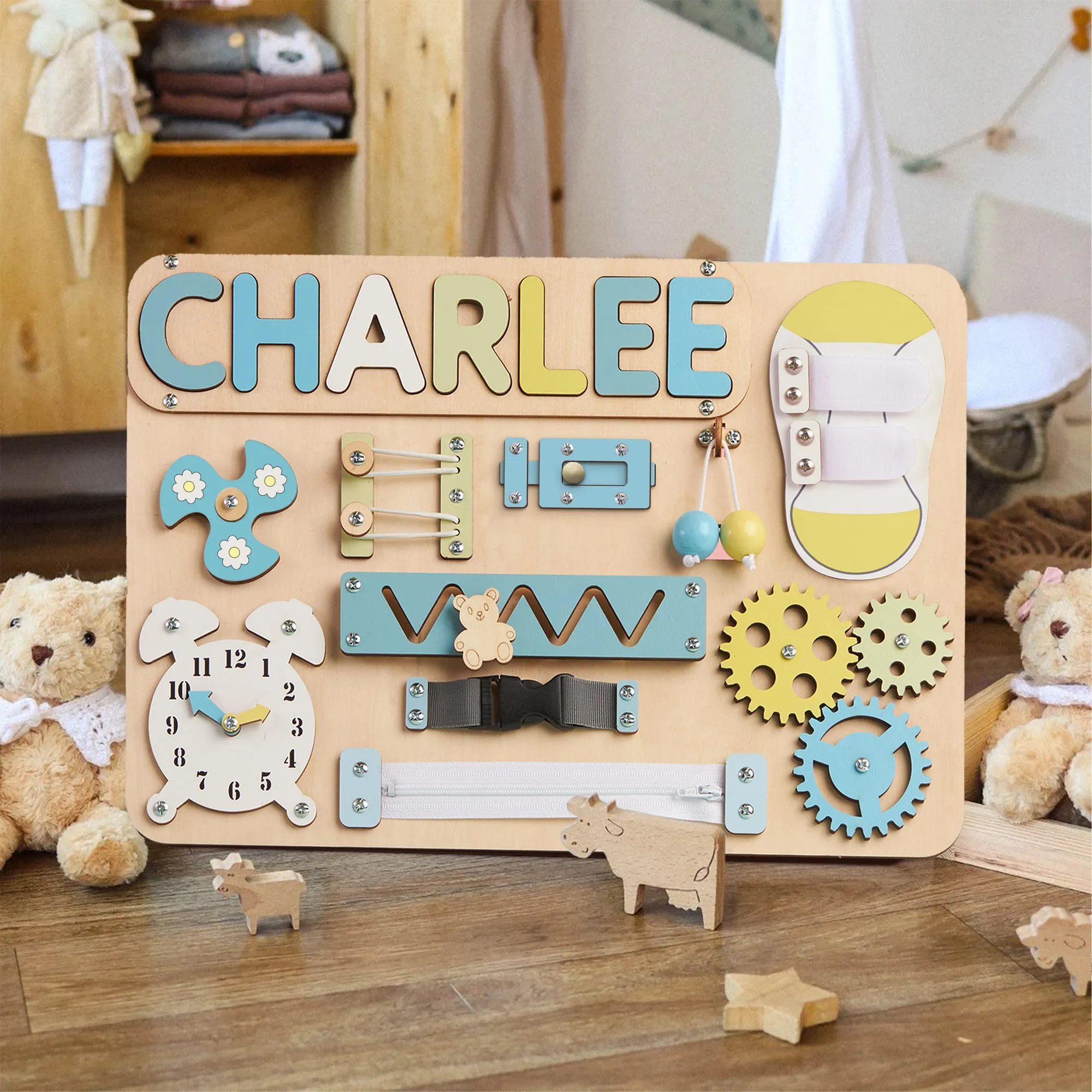 Customized Montessori Busy Board With Baby Name - Wooden Montessori Toys | KindlyToys, BB10