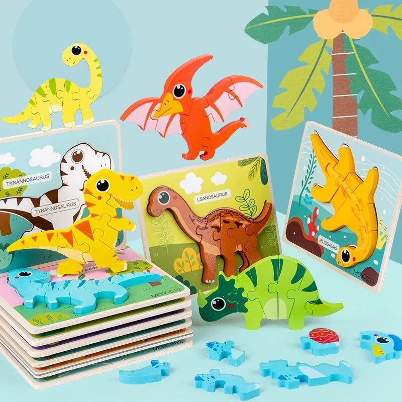 Cute Stand-up Dinosaur Wooden Puzzle Educational Toys for Kids  Early Learning Color Shape Children Cartoon animal Jigsaw Board