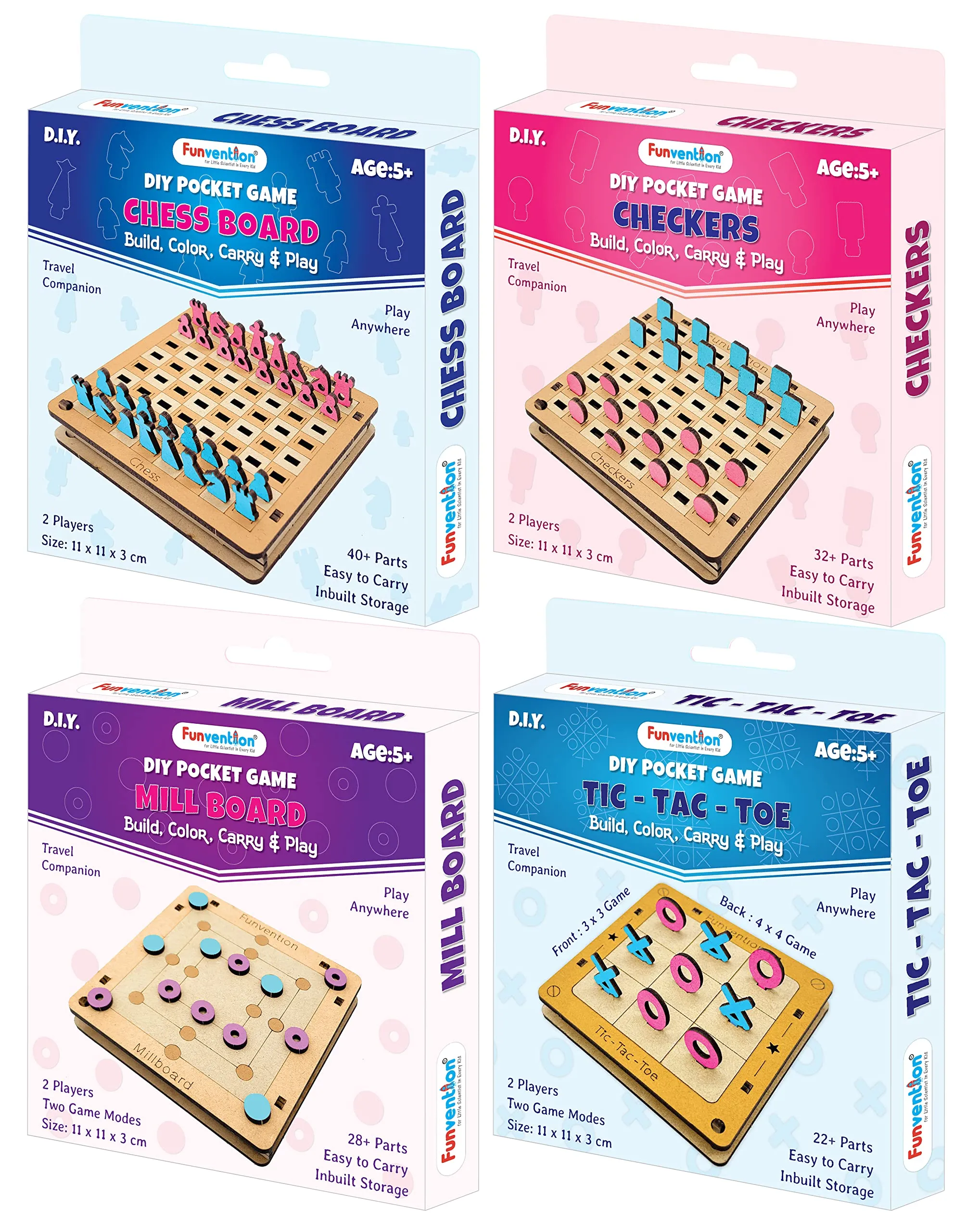 Funvention- for Little Scientist in Every Kid Combo Of 4 Diy Pocket Travel Games (Tic Tac Toe,Chess,Checkers,Millboard) For Kids 4 Years,Fun Learning Educational Family Board Game,Best Birthday Gifts