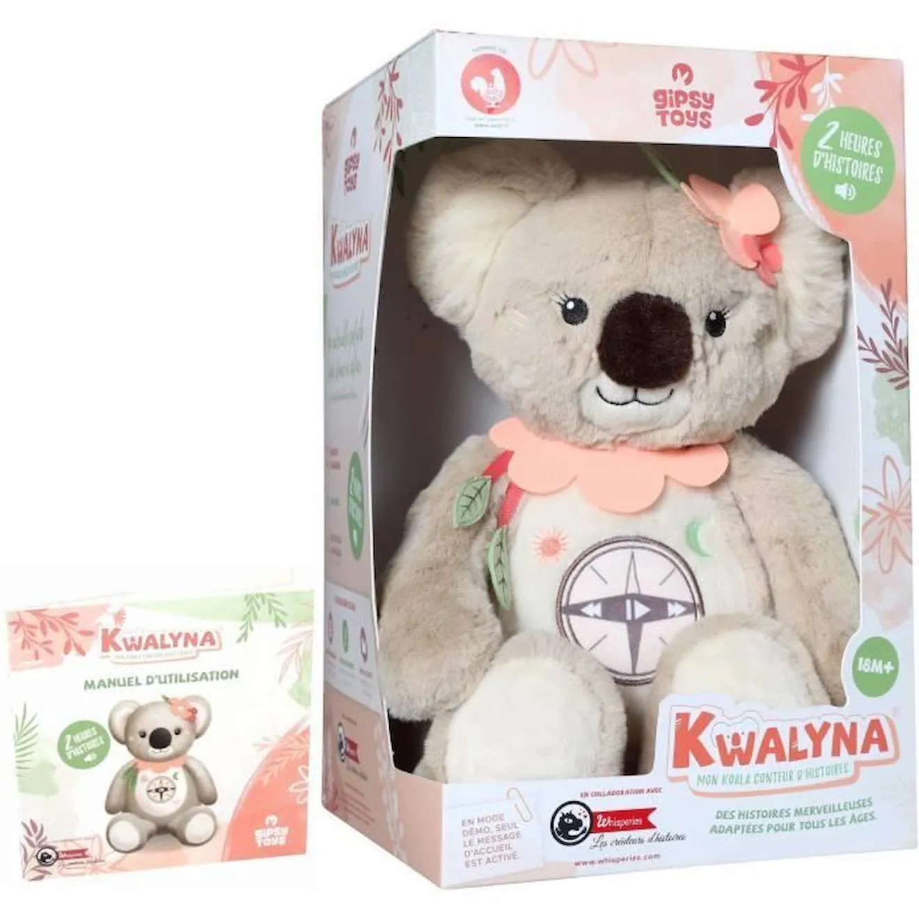 Gipsy Toys - KWALYNA - Koala conteur d’Histoires - Peluche Qui Parle Interactive -Version française - 2h de Contes Merveilleux gris - Gipsy Toys