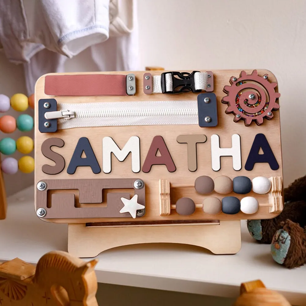 Infant Busy Board With Baby Name, Rotating Number Set - Wooden Montessori Sensory Toys | KindlyToys BB61