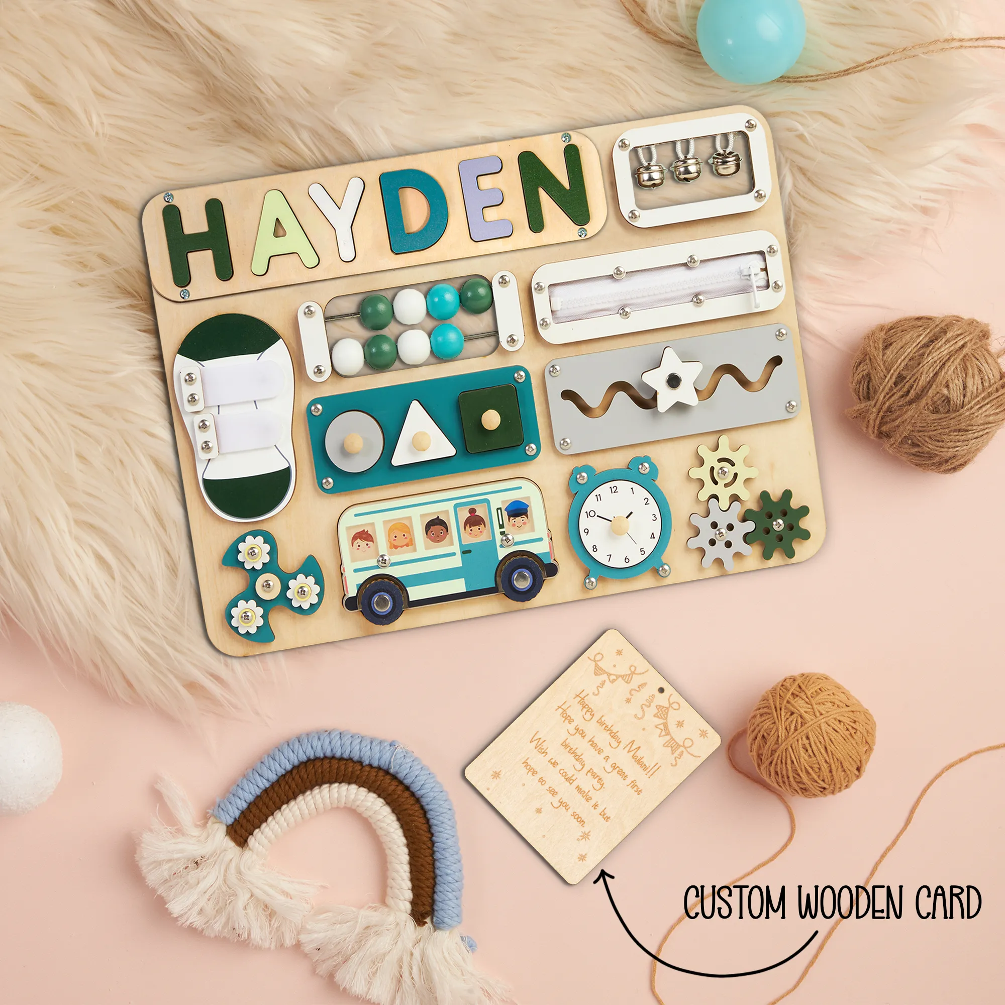 Infant Busy Board With Baby Name, Rotating Number Set - Wooden Montessori Sensory Toys | KindlyToys BB61