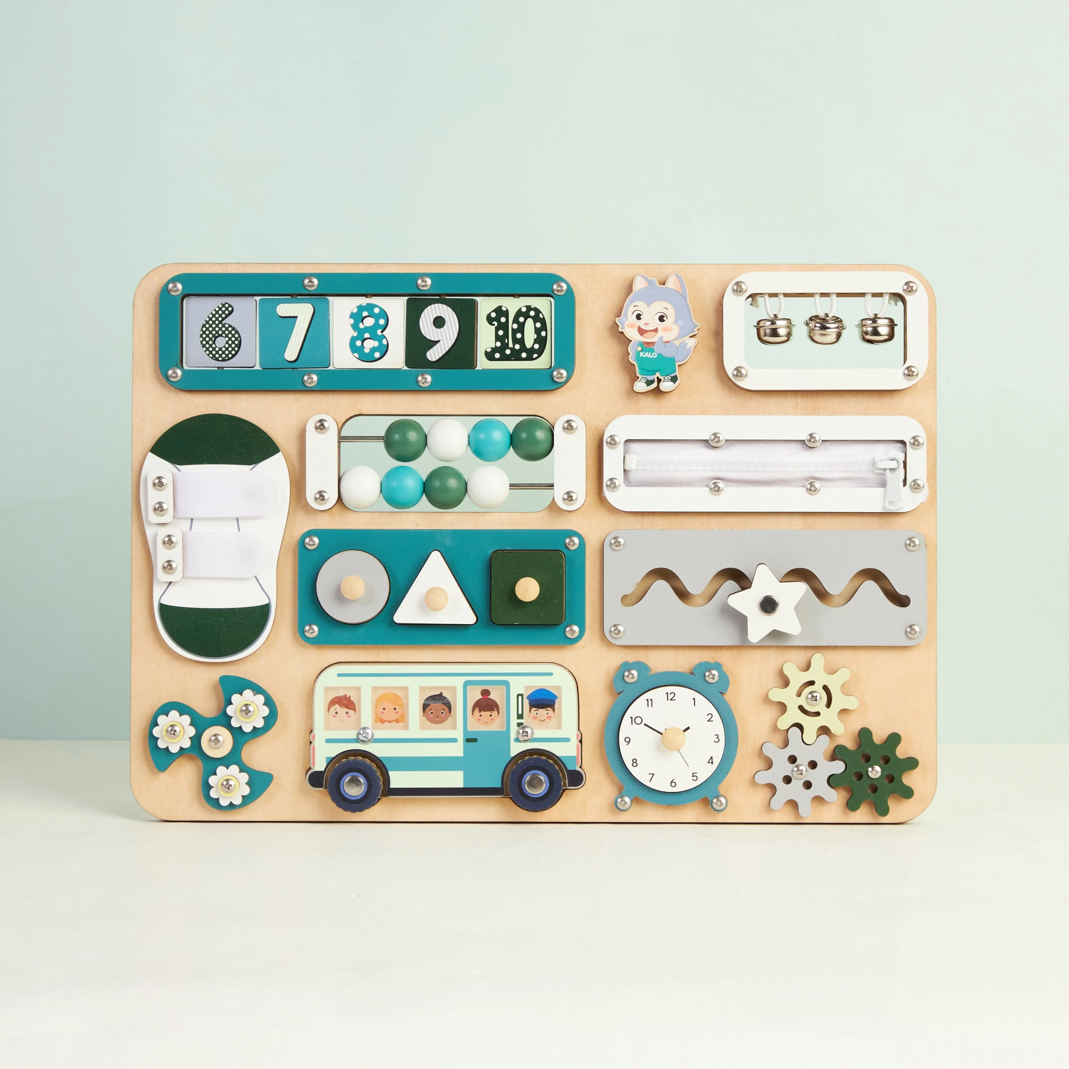 Infant Busy Board With Baby Name, Rotating Number Set - Wooden Montessori Sensory Toys | KindlyToys BB61