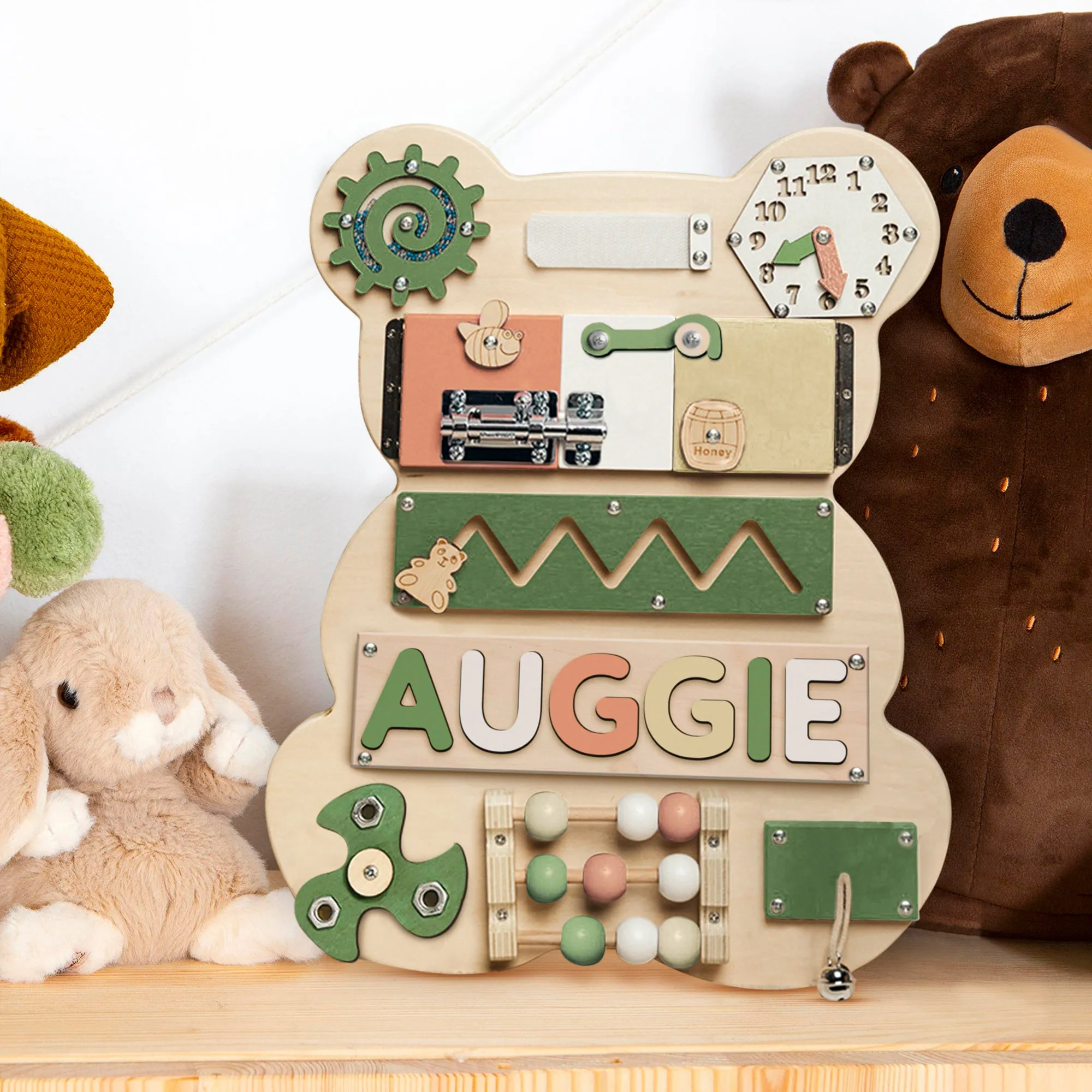 Infant Busy Board With Baby Name, Rotating Number Set - Wooden Montessori Sensory Toys | KindlyToys BB61