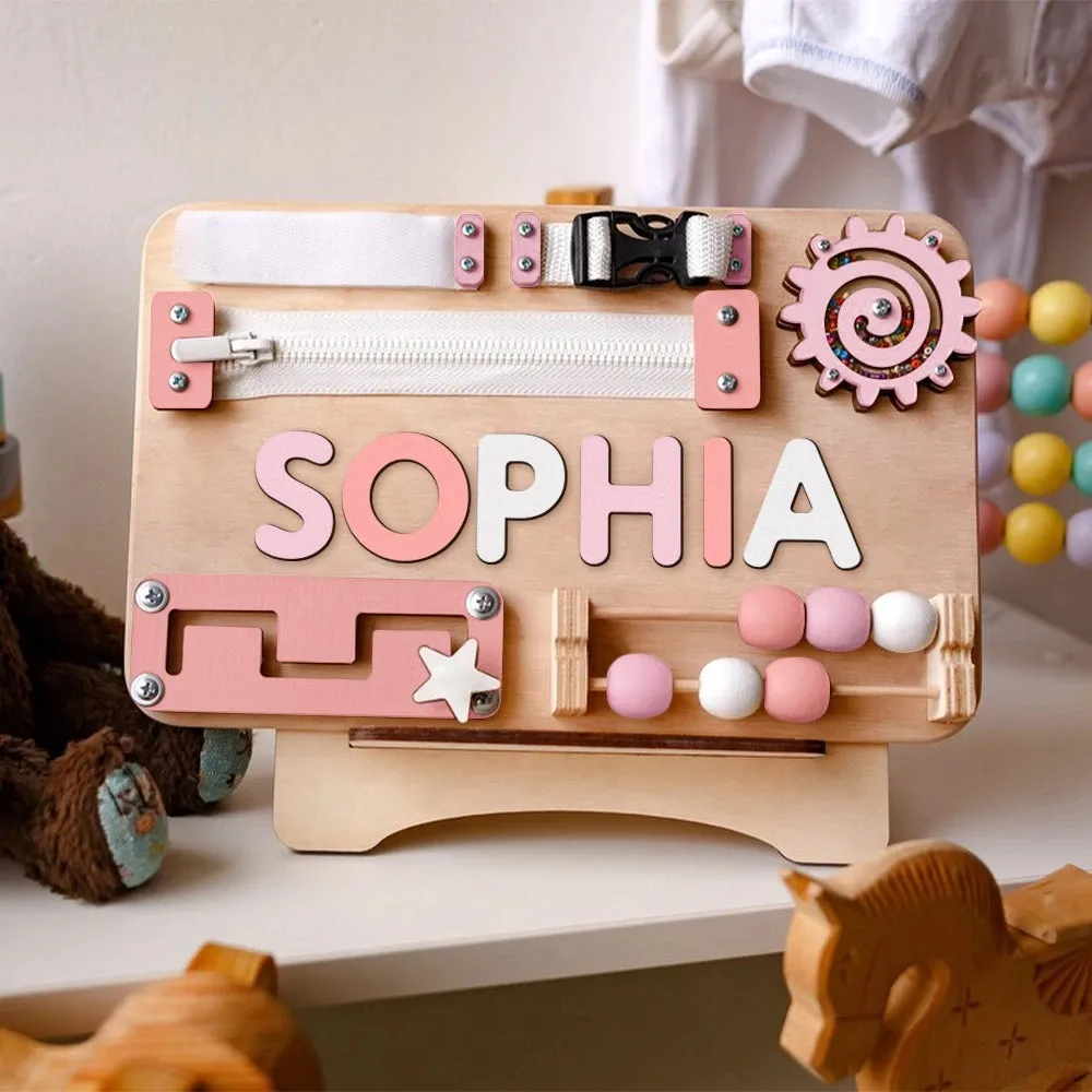 Infant Busy Board With Baby Name, Rotating Number Set - Wooden Montessori Sensory Toys | KindlyToys BB61