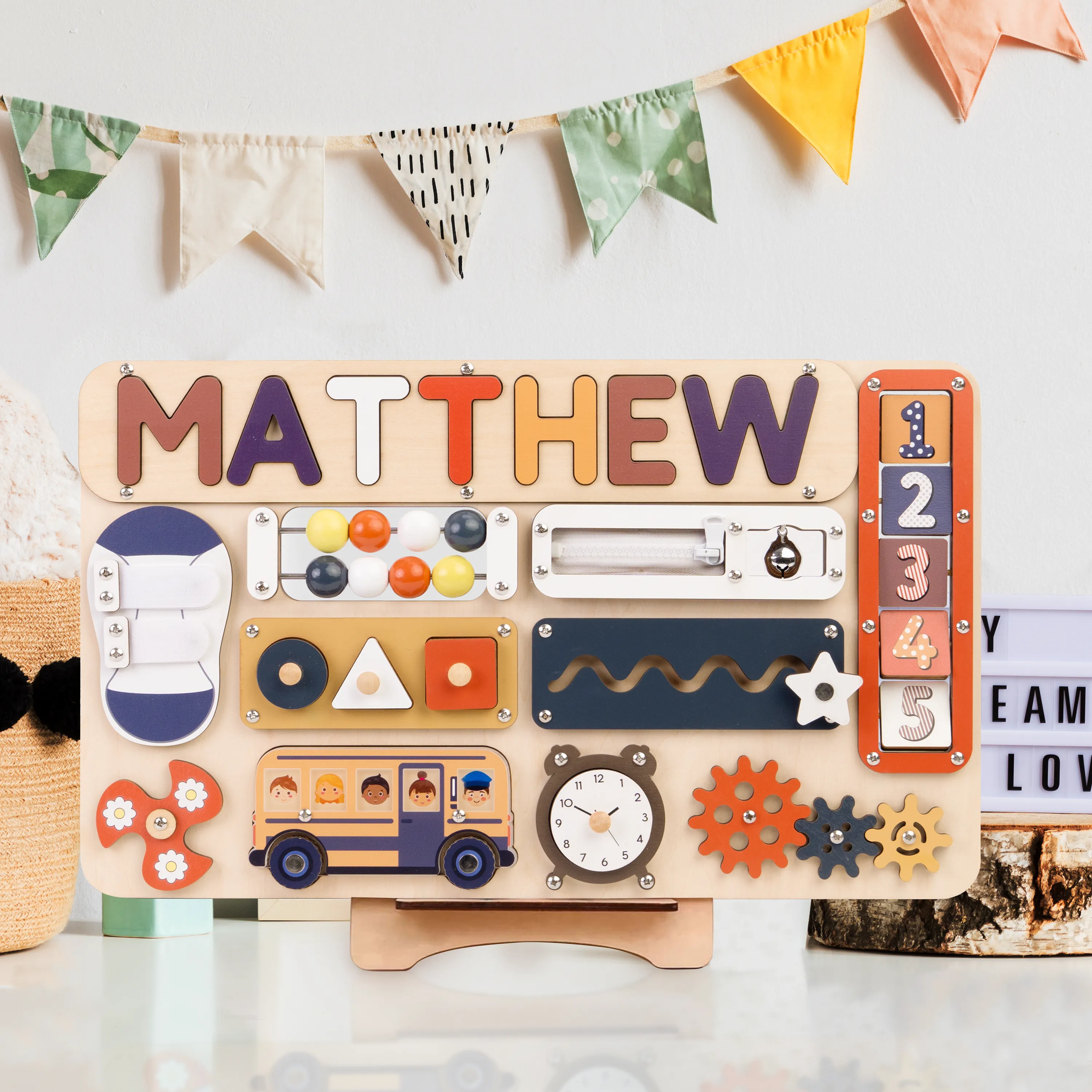 Infant Busy Board With Baby Name, Rotating Number Set - Wooden Montessori Sensory Toys | KindlyToys BB61