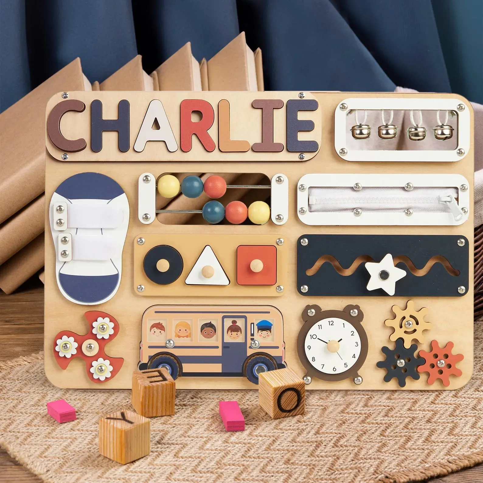 Infant Busy Board With Baby Name, Rotating Number Set - Wooden Montessori Sensory Toys | KindlyToys BB61