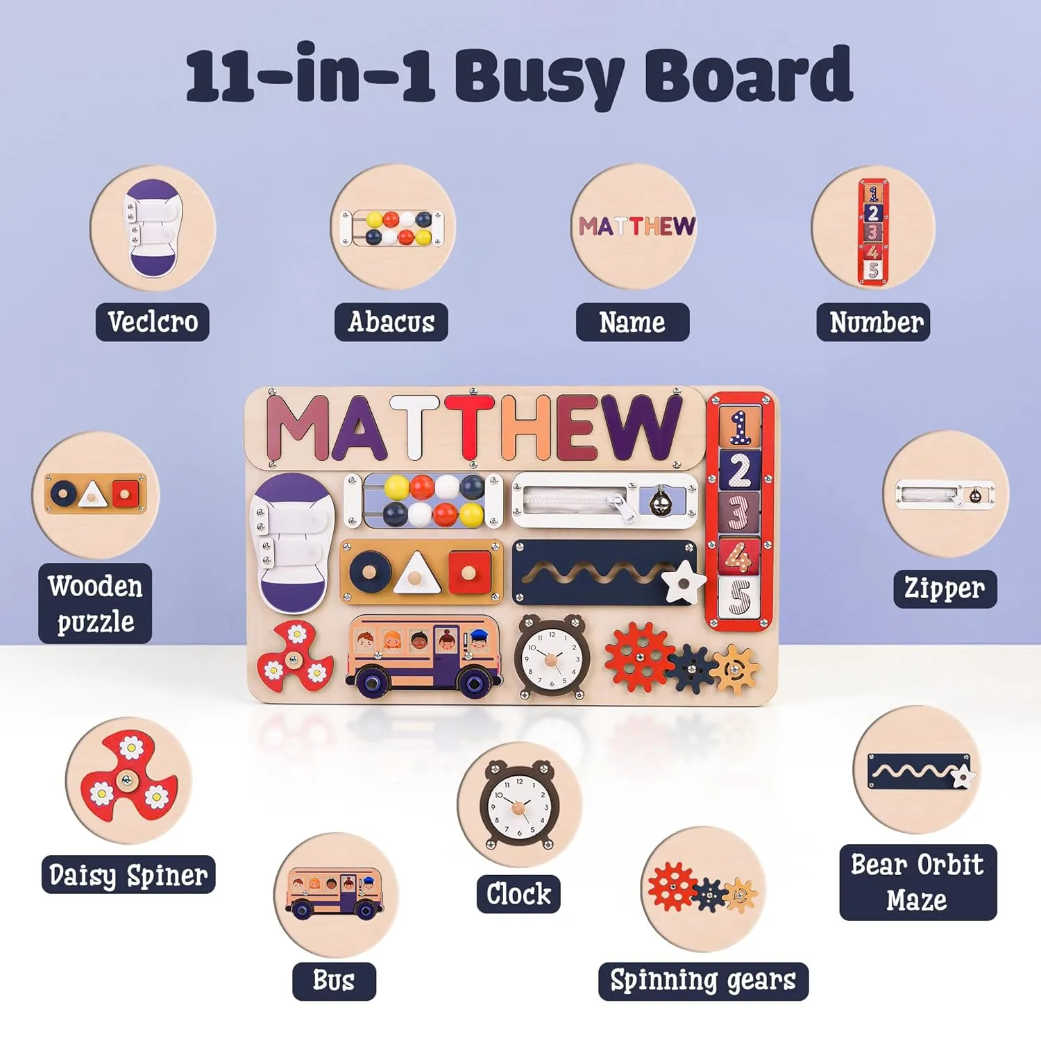 Infant Busy Board With Baby Name, Rotating Number Set - Wooden Montessori Sensory Toys | KindlyToys BB61