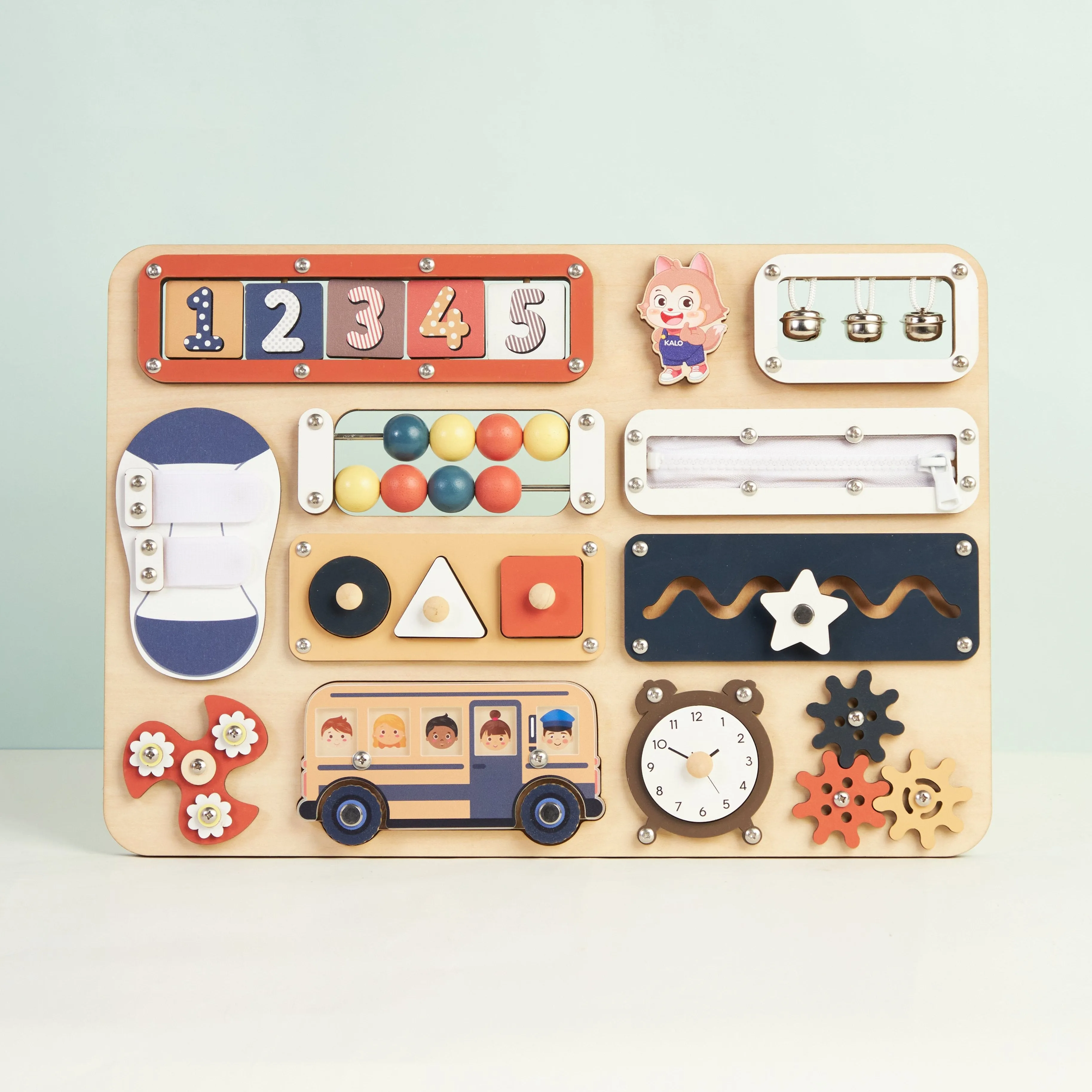 Infant Busy Board With Baby Name, Rotating Number Set - Wooden Montessori Sensory Toys | KindlyToys BB61