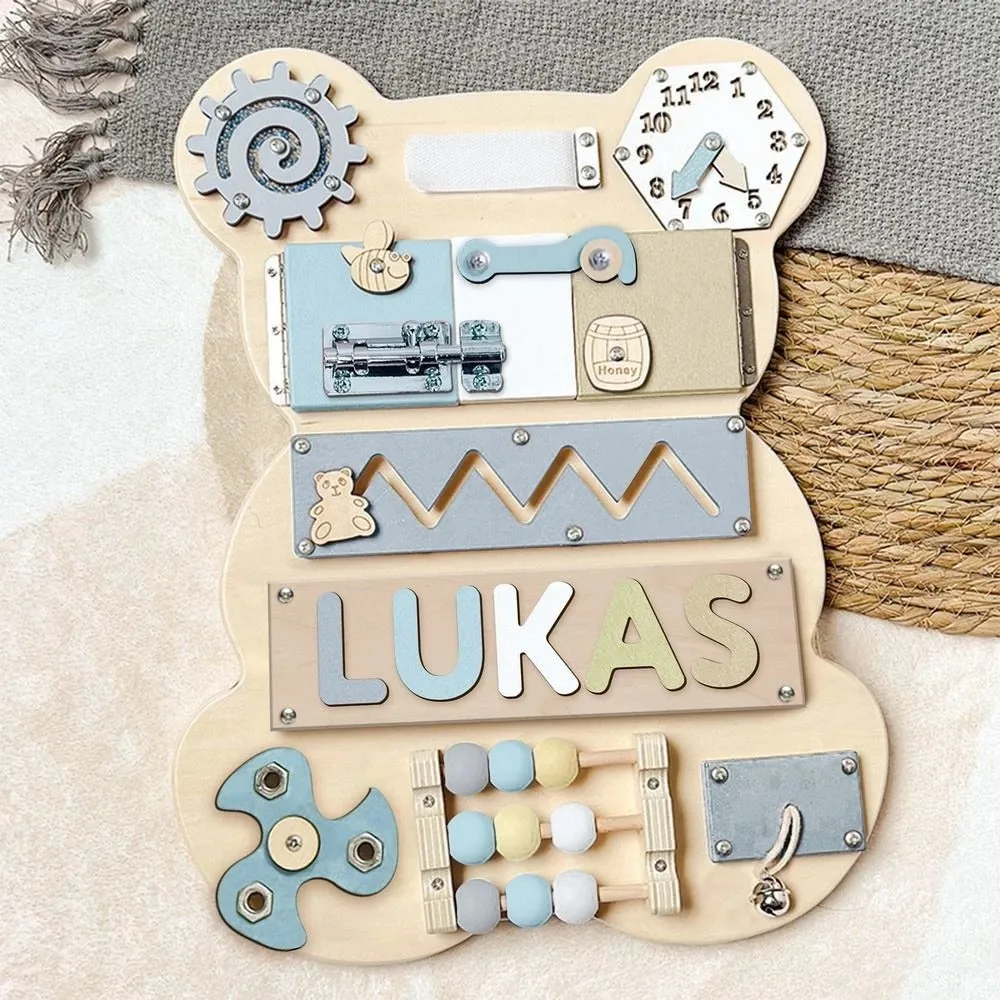 Infant Busy Board With Baby Name, Rotating Number Set - Wooden Montessori Sensory Toys | KindlyToys BB61