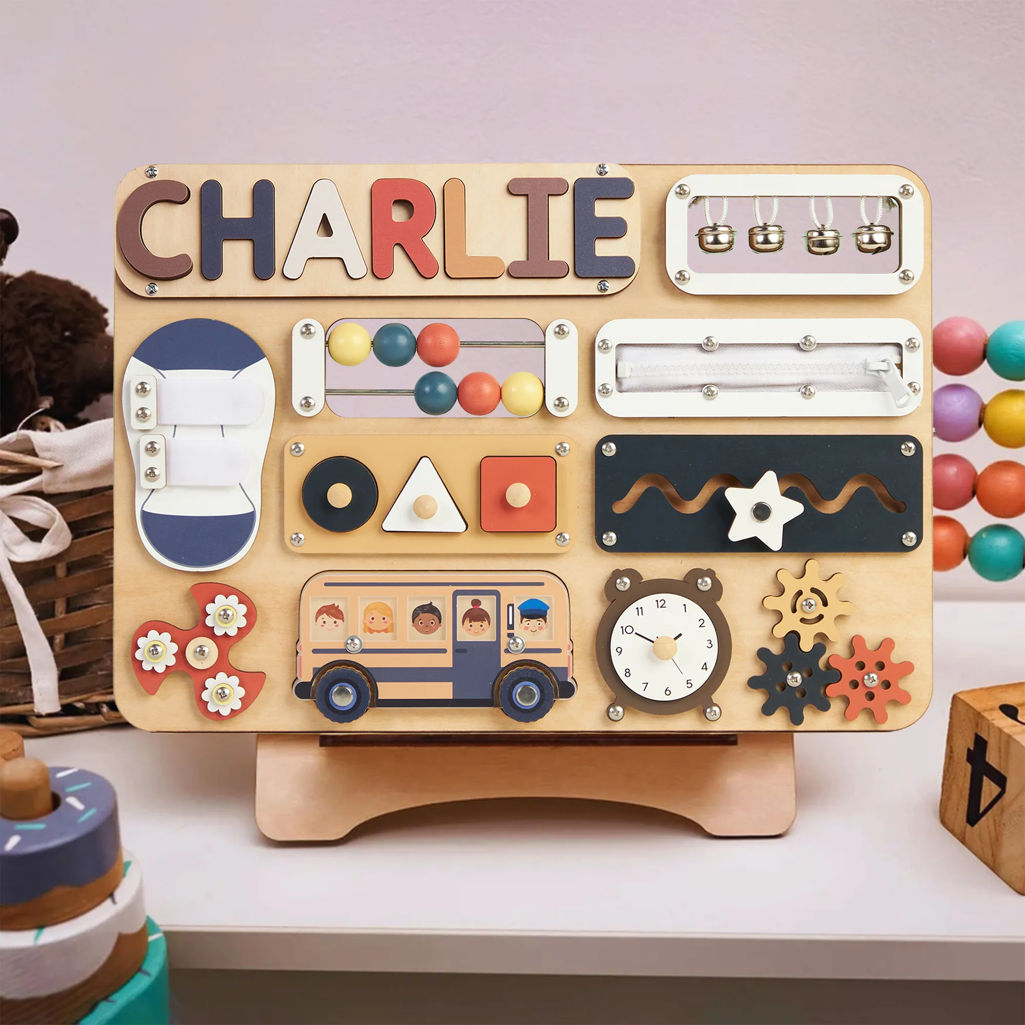 Infant Busy Board With Baby Name, Rotating Number Set - Wooden Montessori Sensory Toys | KindlyToys BB61