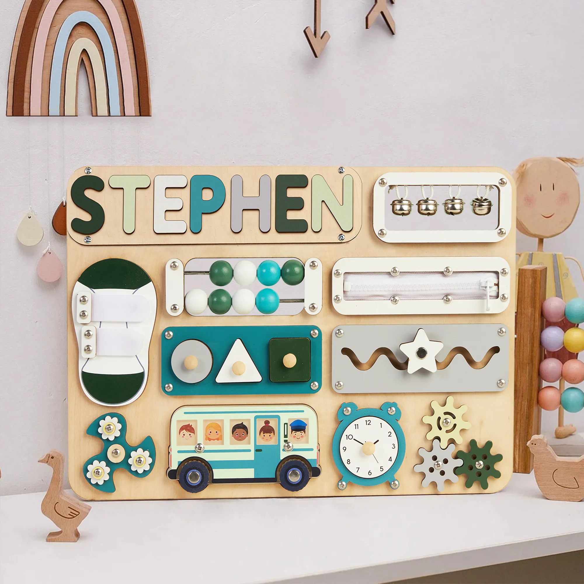 Infant Busy Board With Baby Name, Rotating Number Set - Wooden Montessori Sensory Toys | KindlyToys BB61
