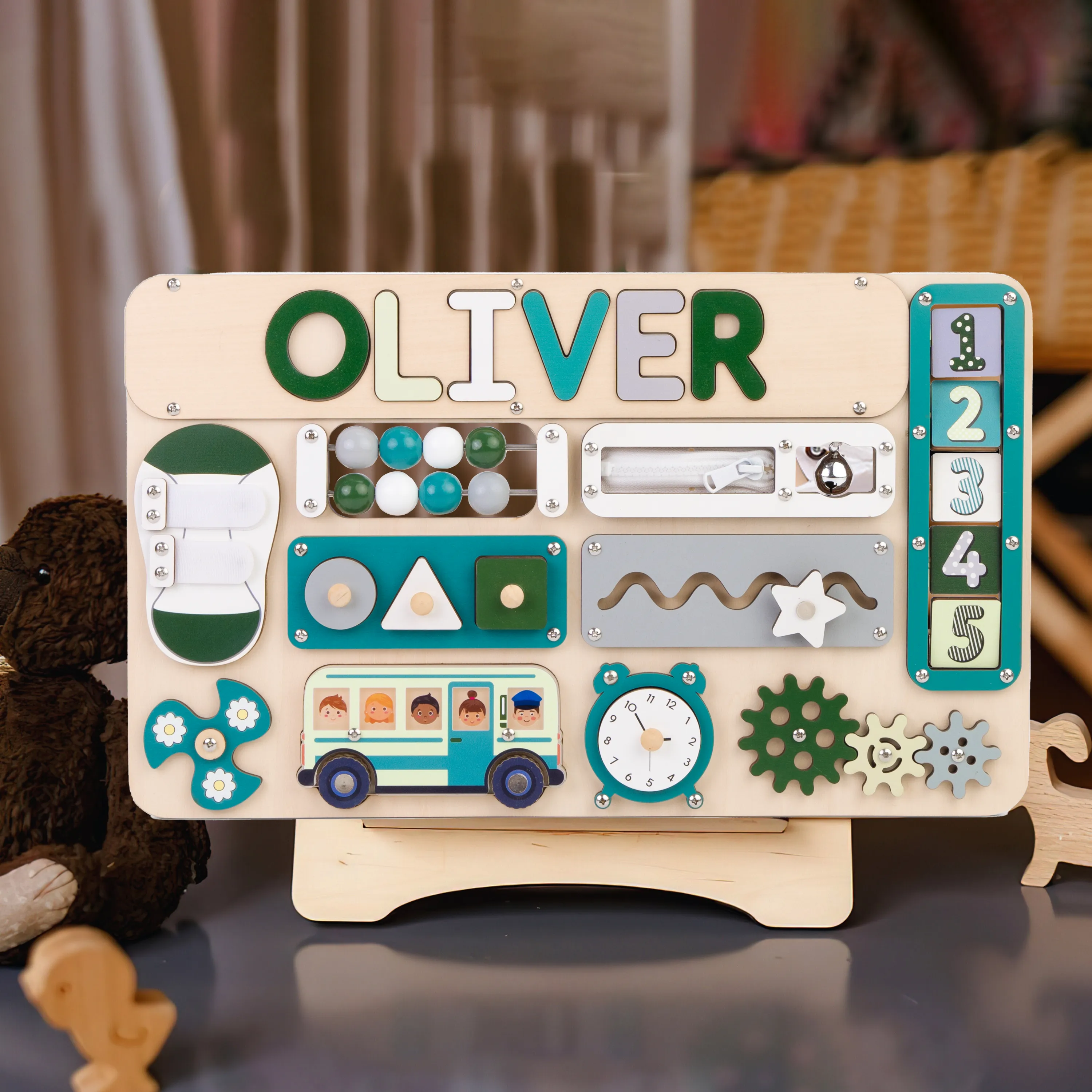 Infant Busy Board With Baby Name, Rotating Number Set - Wooden Montessori Sensory Toys | KindlyToys BB61