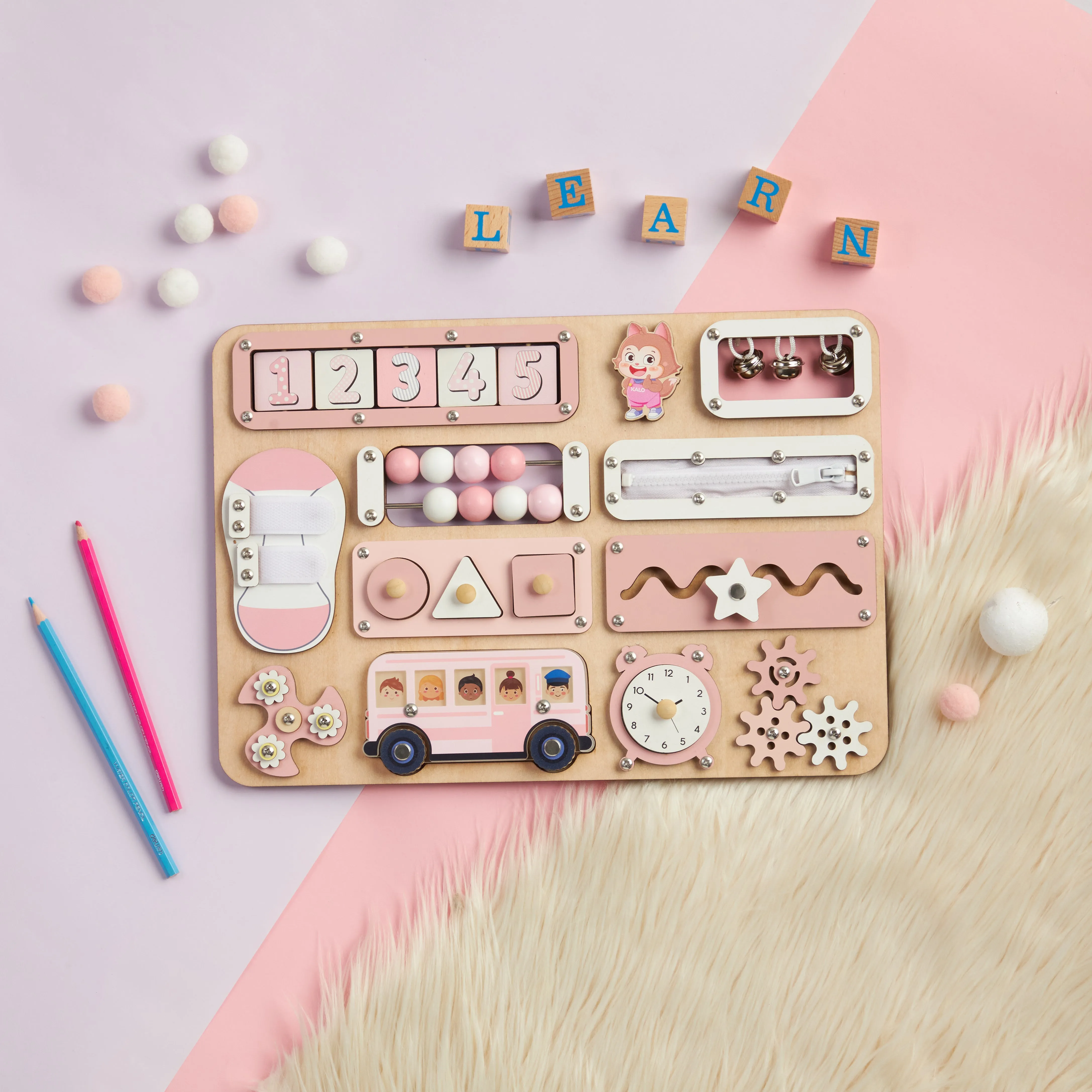 Infant Busy Board With Baby Name, Rotating Number Set - Wooden Montessori Sensory Toys | KindlyToys BB61