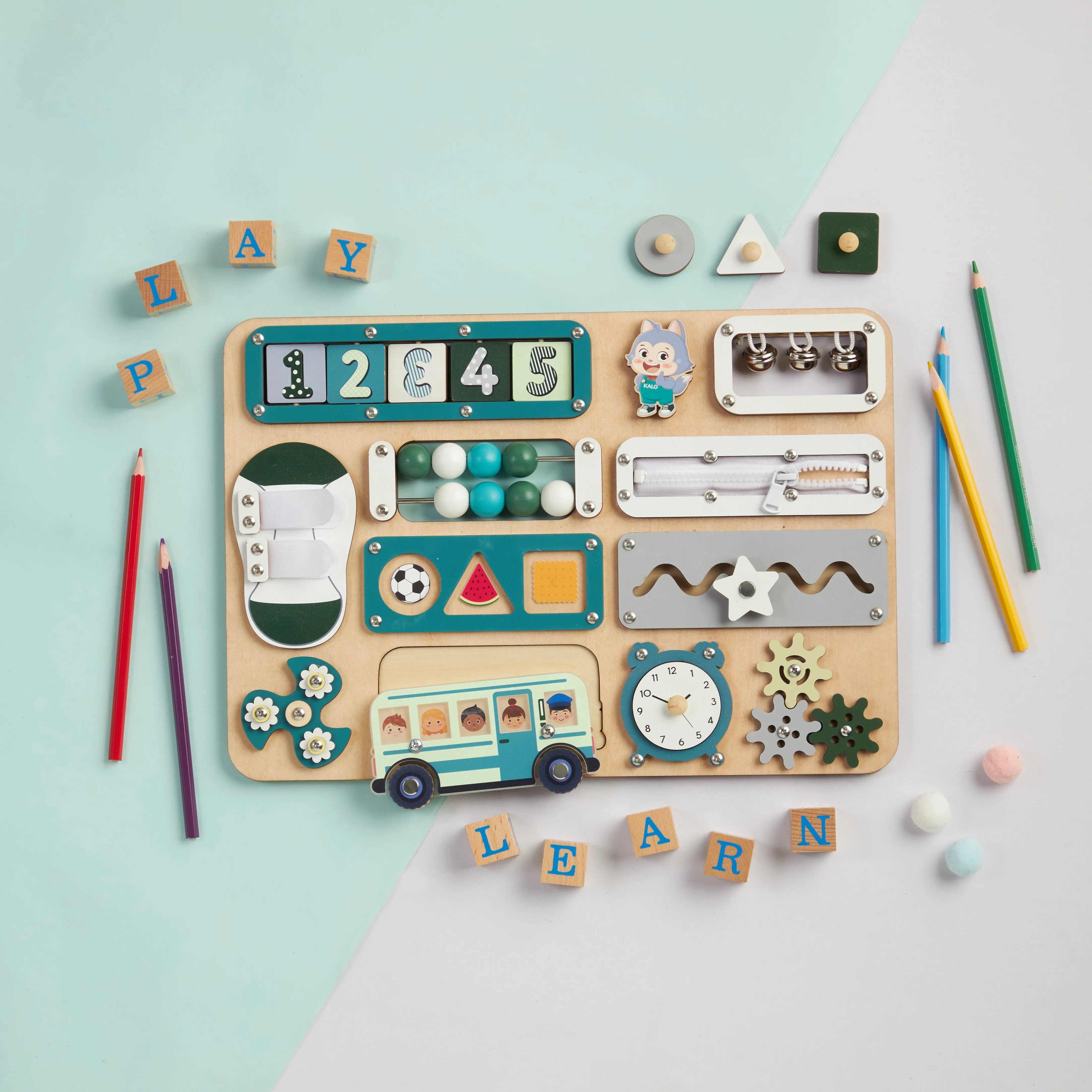 Infant Busy Board With Baby Name, Rotating Number Set - Wooden Montessori Sensory Toys | KindlyToys BB61