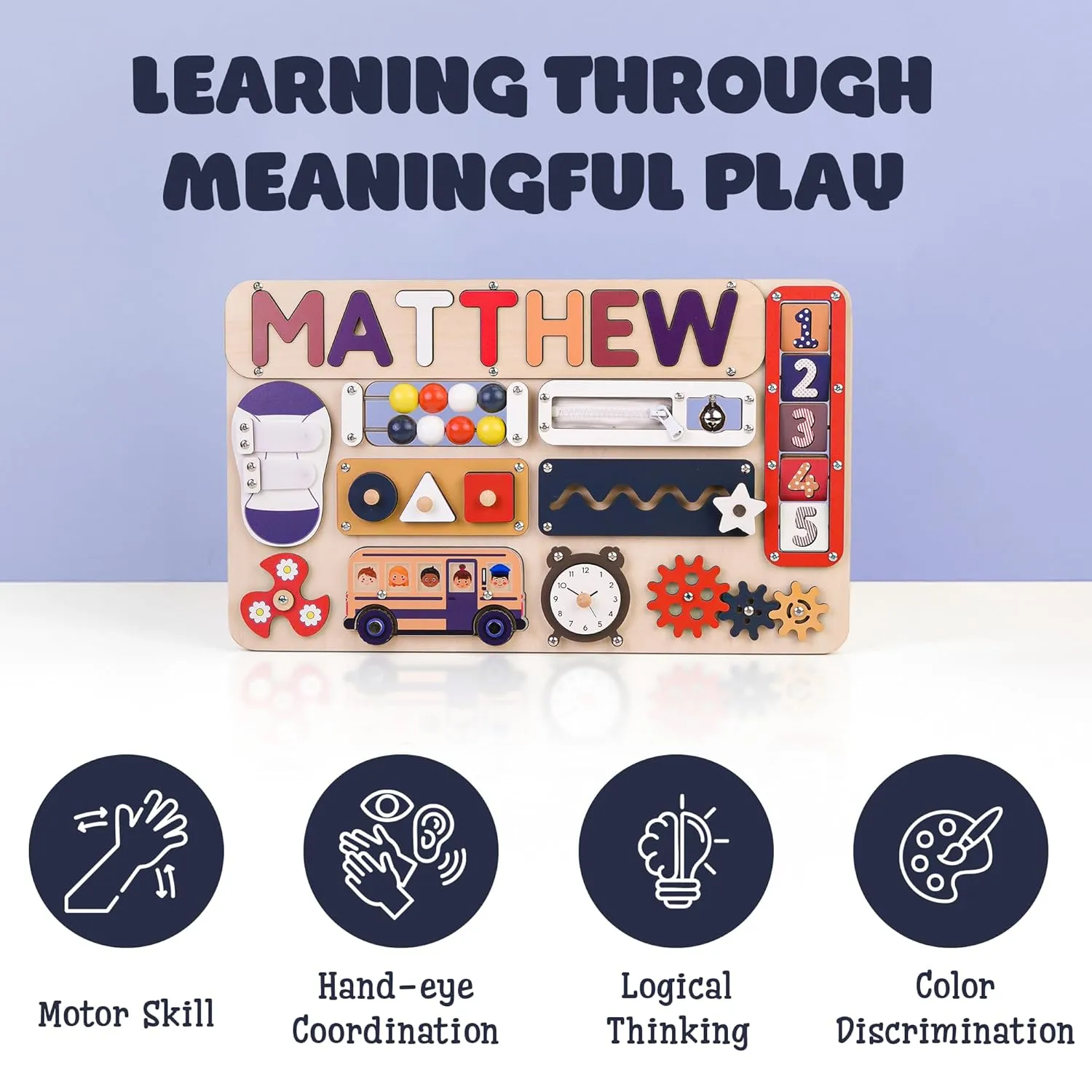Infant Busy Board With Baby Name, Rotating Number Set - Wooden Montessori Sensory Toys | KindlyToys BB61