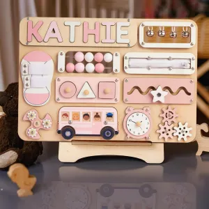 Infant Busy Board With Baby Name, Rotating Number Set - Wooden Montessori Sensory Toys | KindlyToys BB61