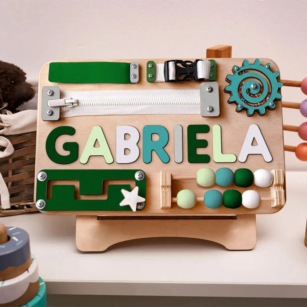 Infant Busy Board With Baby Name, Rotating Number Set - Wooden Montessori Sensory Toys | KindlyToys BB61