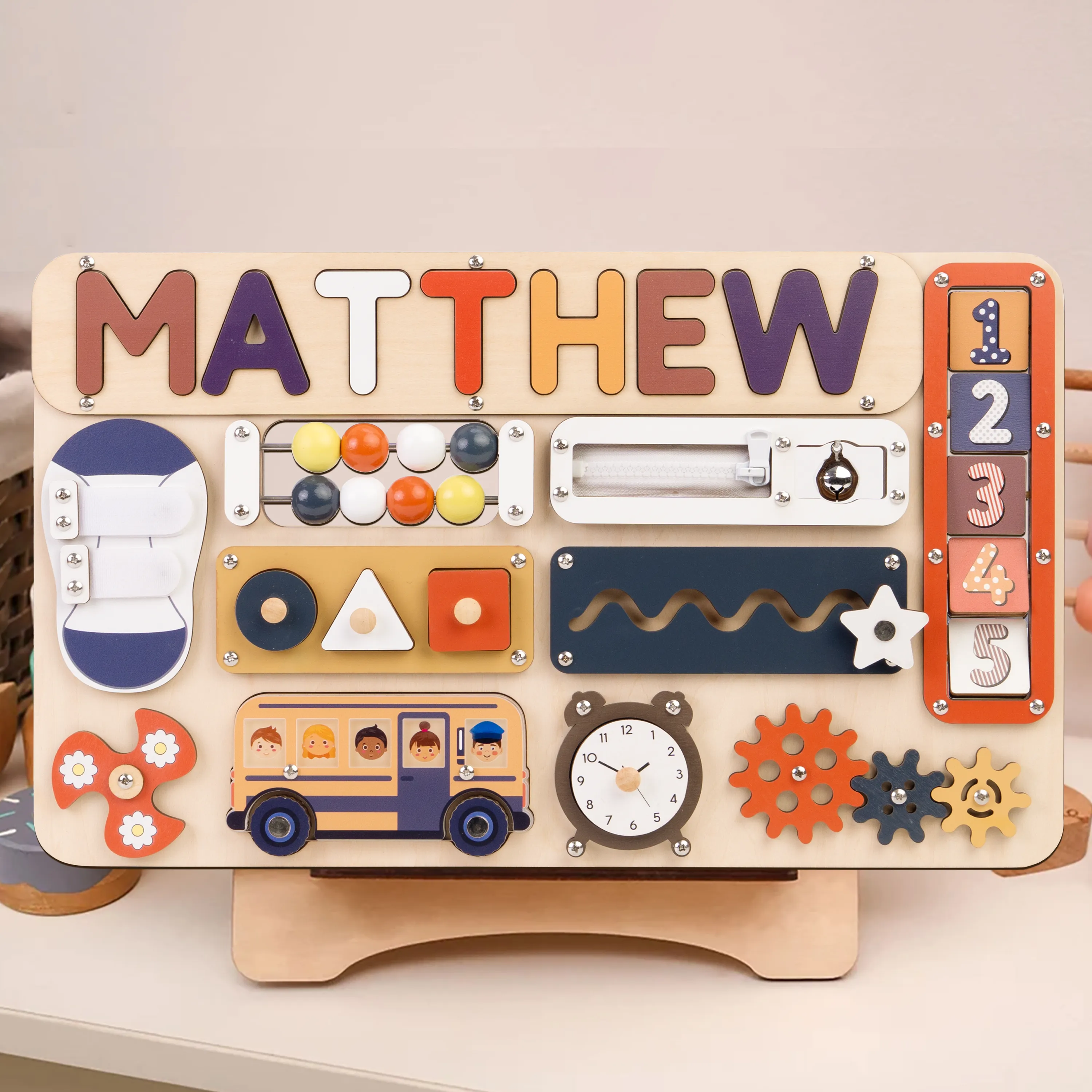 Infant Busy Board With Baby Name, Rotating Number Set - Wooden Montessori Sensory Toys | KindlyToys BB61