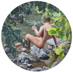 Lollipop Painting of Boy Child Innocence Looking Into River Natural In Nature