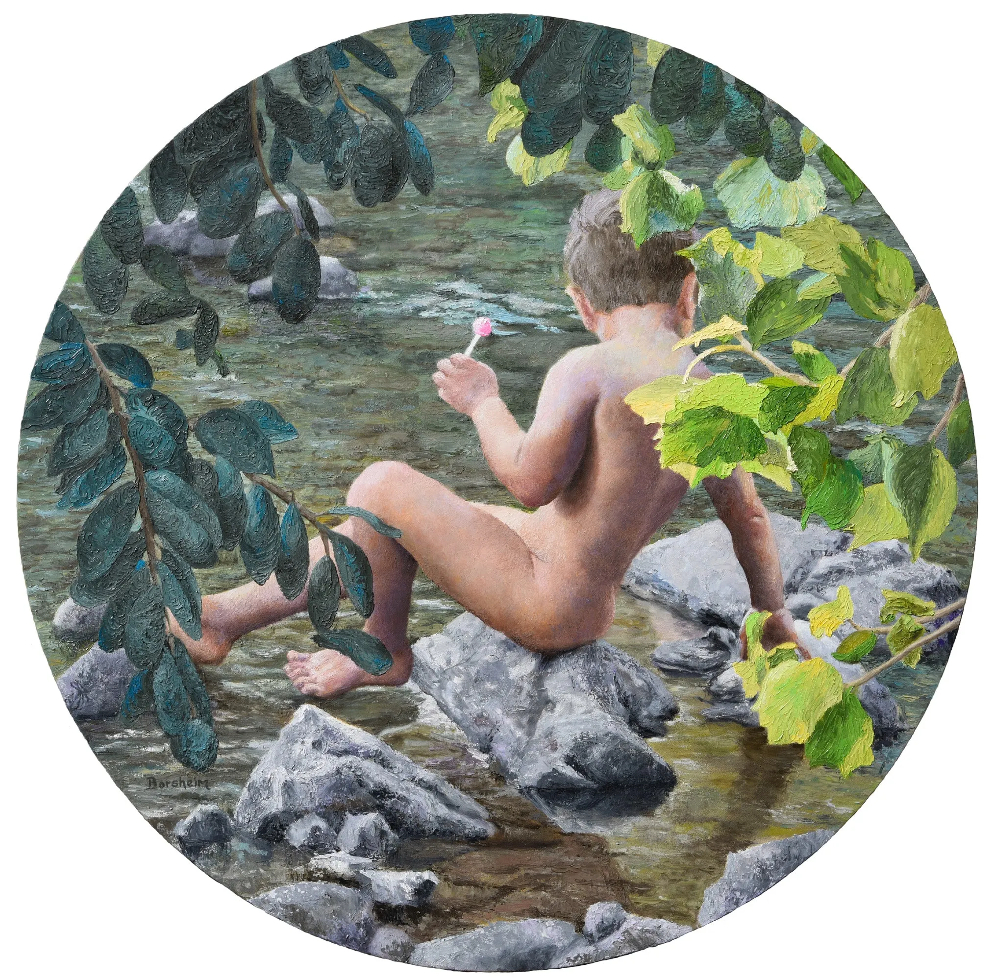 Lollipop Painting of Boy Child Innocence Looking Into River Natural In Nature