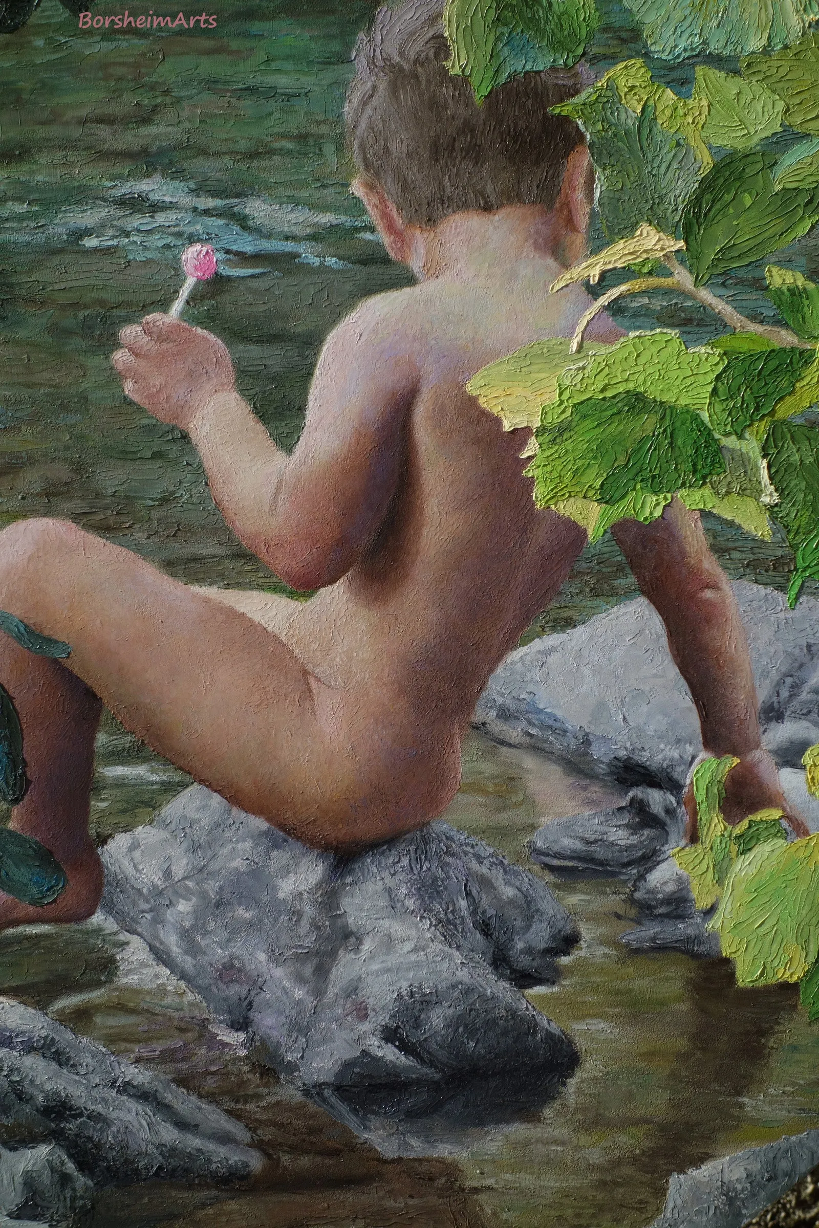 Lollipop Painting of Boy Child Innocence Looking Into River Natural In Nature