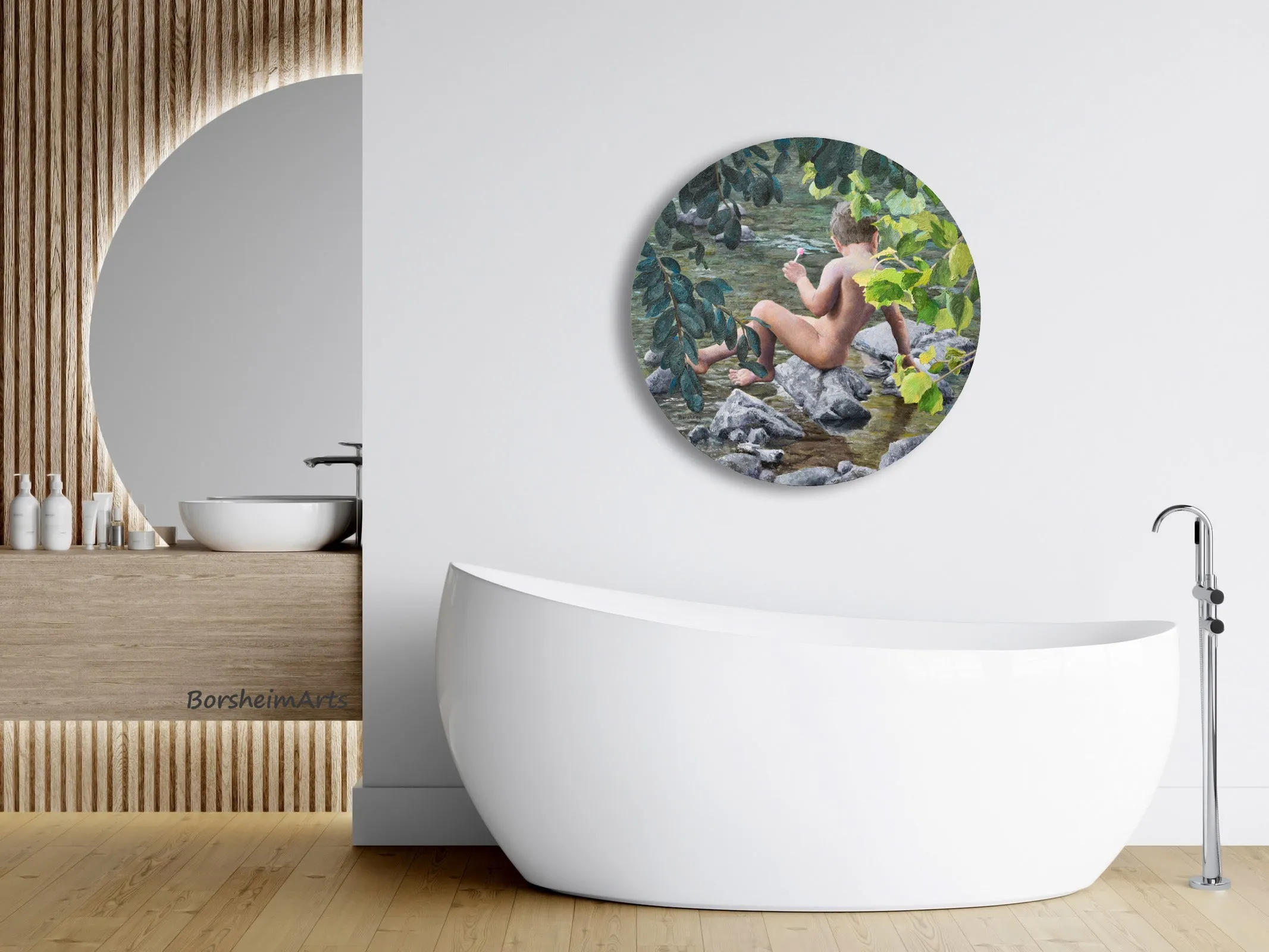 Lollipop Painting of Boy Child Innocence Looking Into River Natural In Nature
