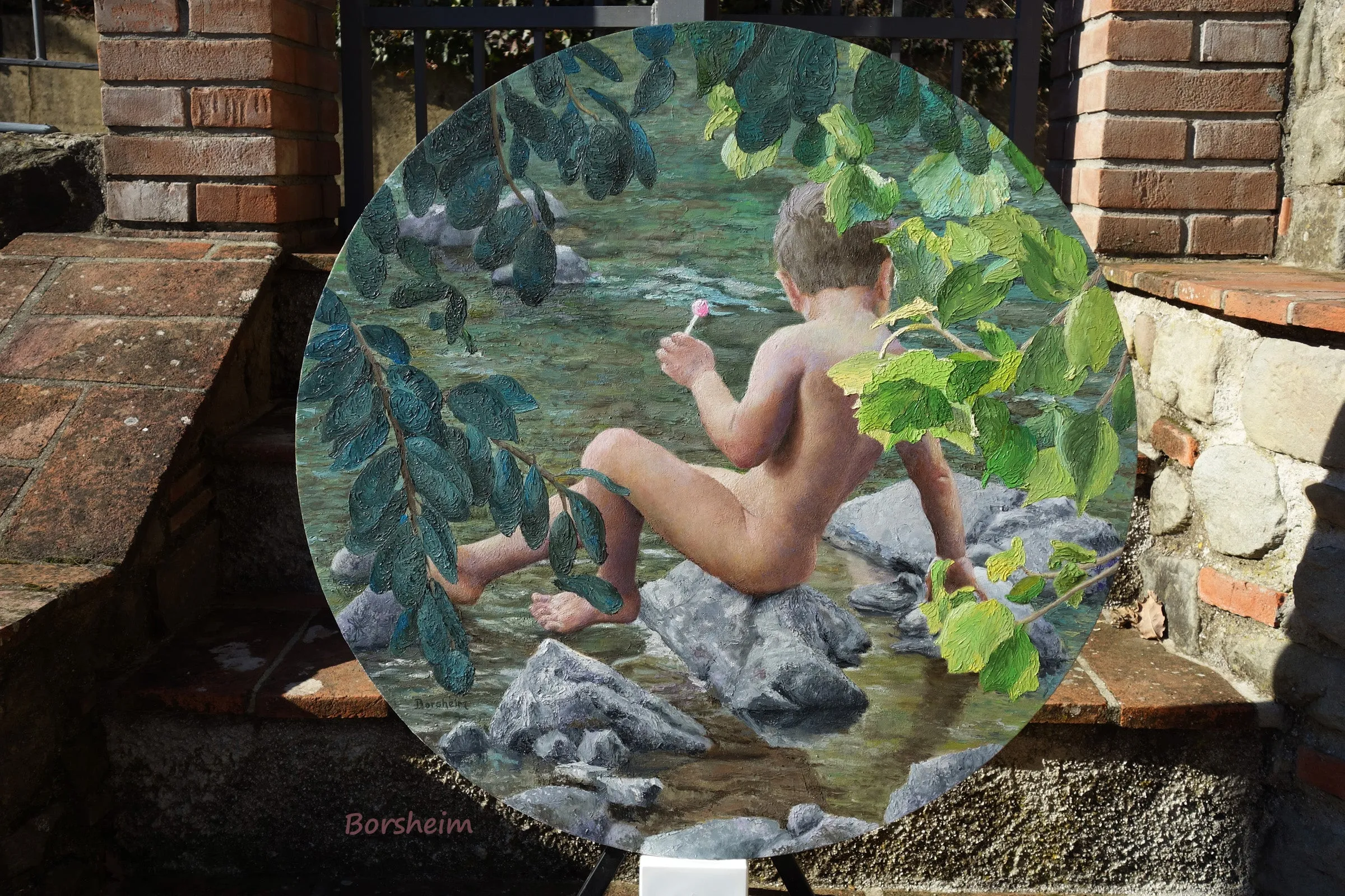Lollipop Painting of Boy Child Innocence Looking Into River Natural In Nature