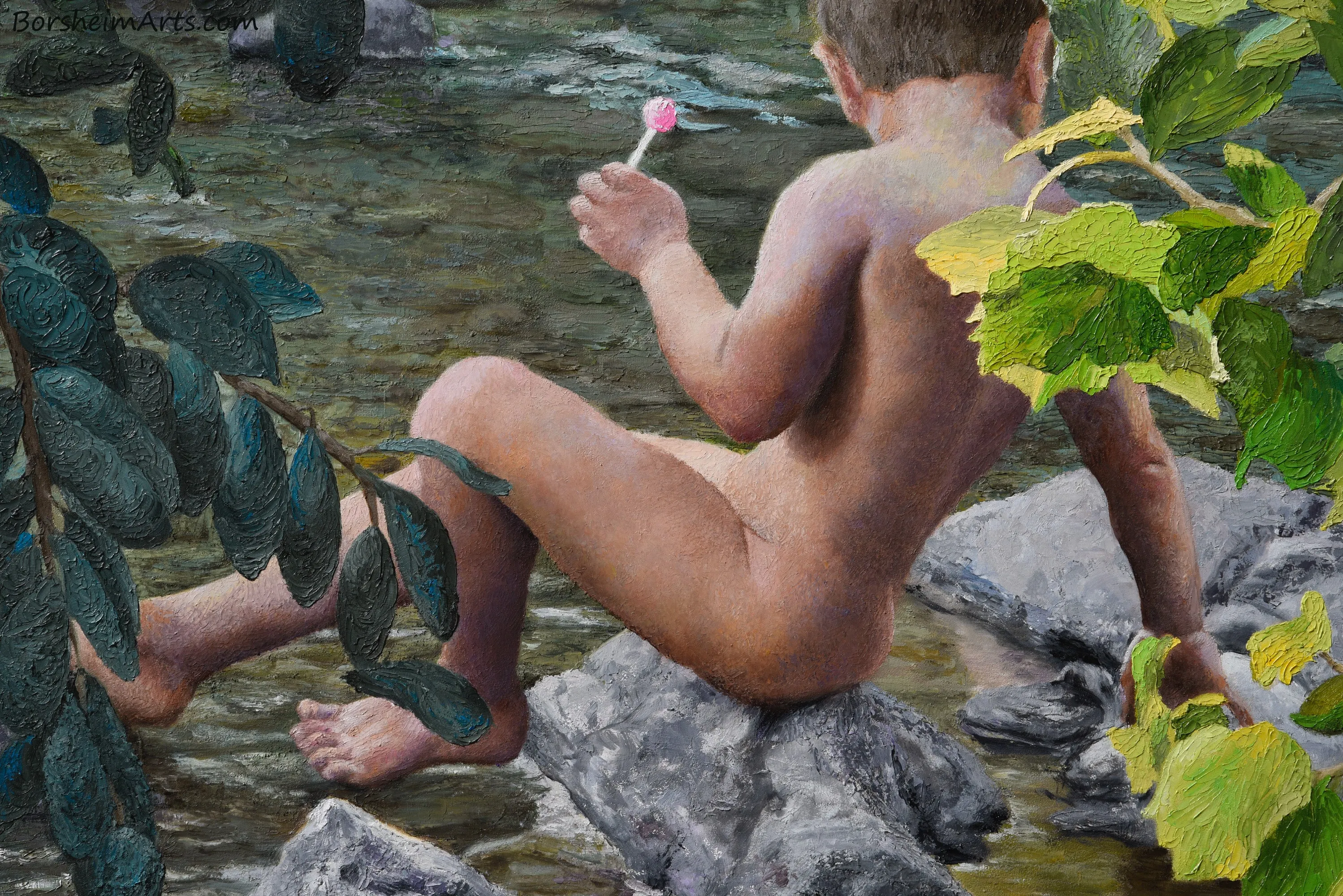Lollipop Painting of Boy Child Innocence Looking Into River Natural In Nature