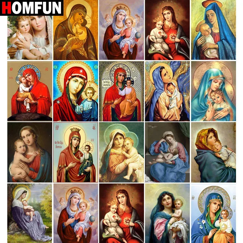 Madonna And Jesus With Halos - Religious Diamond Painting, Full Round/Full Square 5D Diamonds, Virgin Mary Portrait