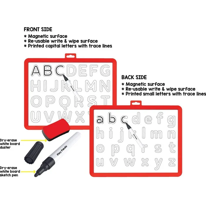 Magnetic Learn to Write Capital and Small Letters - Includes Write and Wipe Magnetic Board (Both sides Magnetic), 26 Capital Letter Magnets, 26 Small Letter Magnets, Dry Erase Sketch Pen and Duster