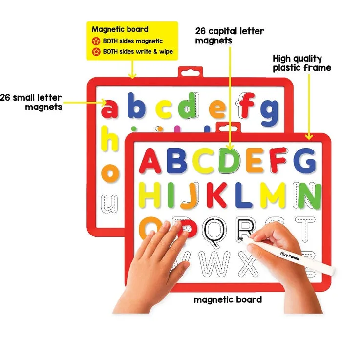 Magnetic Learn to Write Capital and Small Letters - Includes Write and Wipe Magnetic Board (Both sides Magnetic), 26 Capital Letter Magnets, 26 Small Letter Magnets, Dry Erase Sketch Pen and Duster