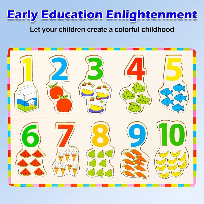 Number Board Puzzle Toy with Illustrations, Montessori Toy for Pre-Schooler Kids, Wooden Educational Toy Puzzles