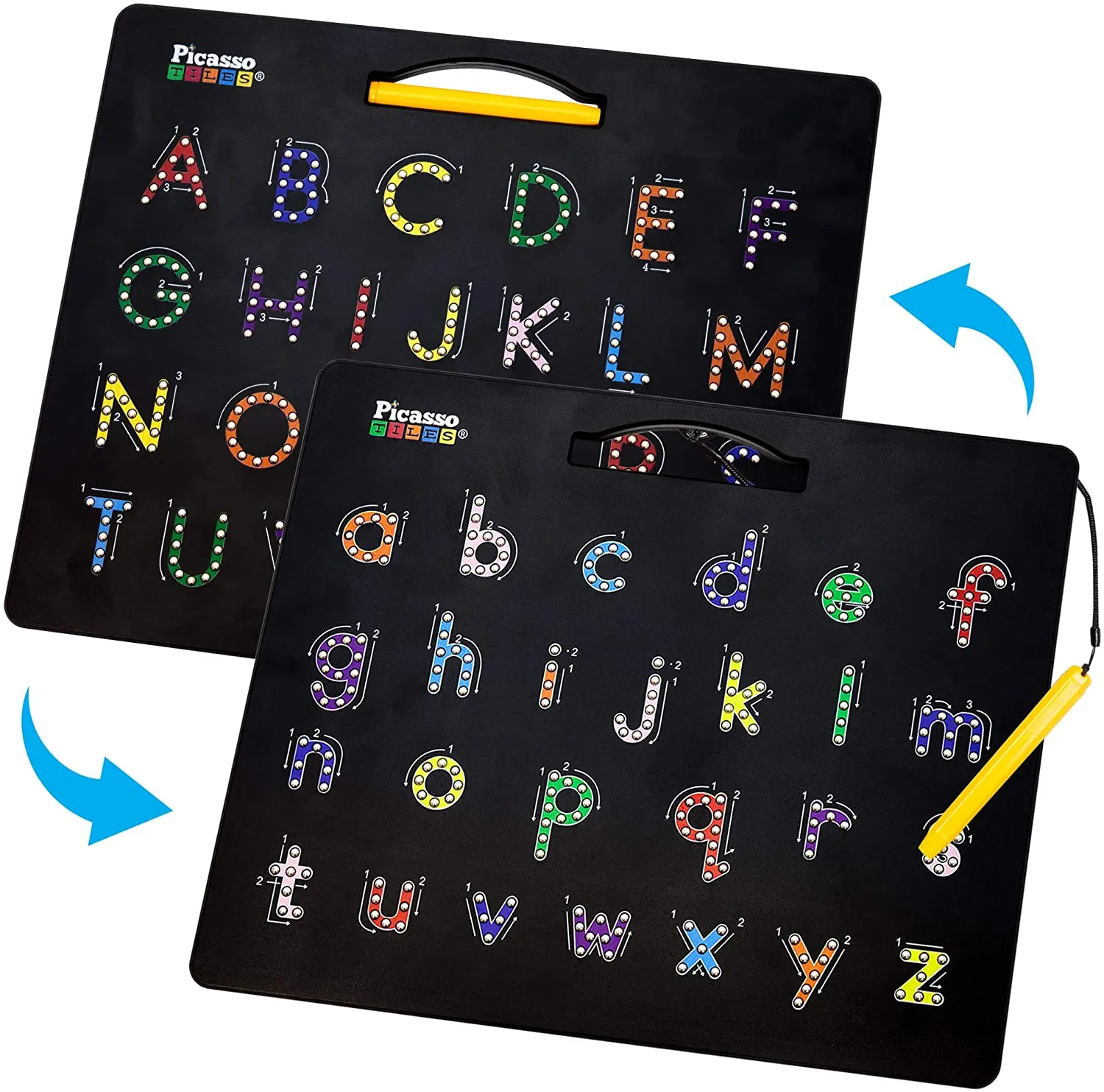 PicassoTiles 2-in-1 Double Sided Magnetic Alphabet Board ABC A-Z Upper Case, Lowercase Letter Playboard Magnet Table