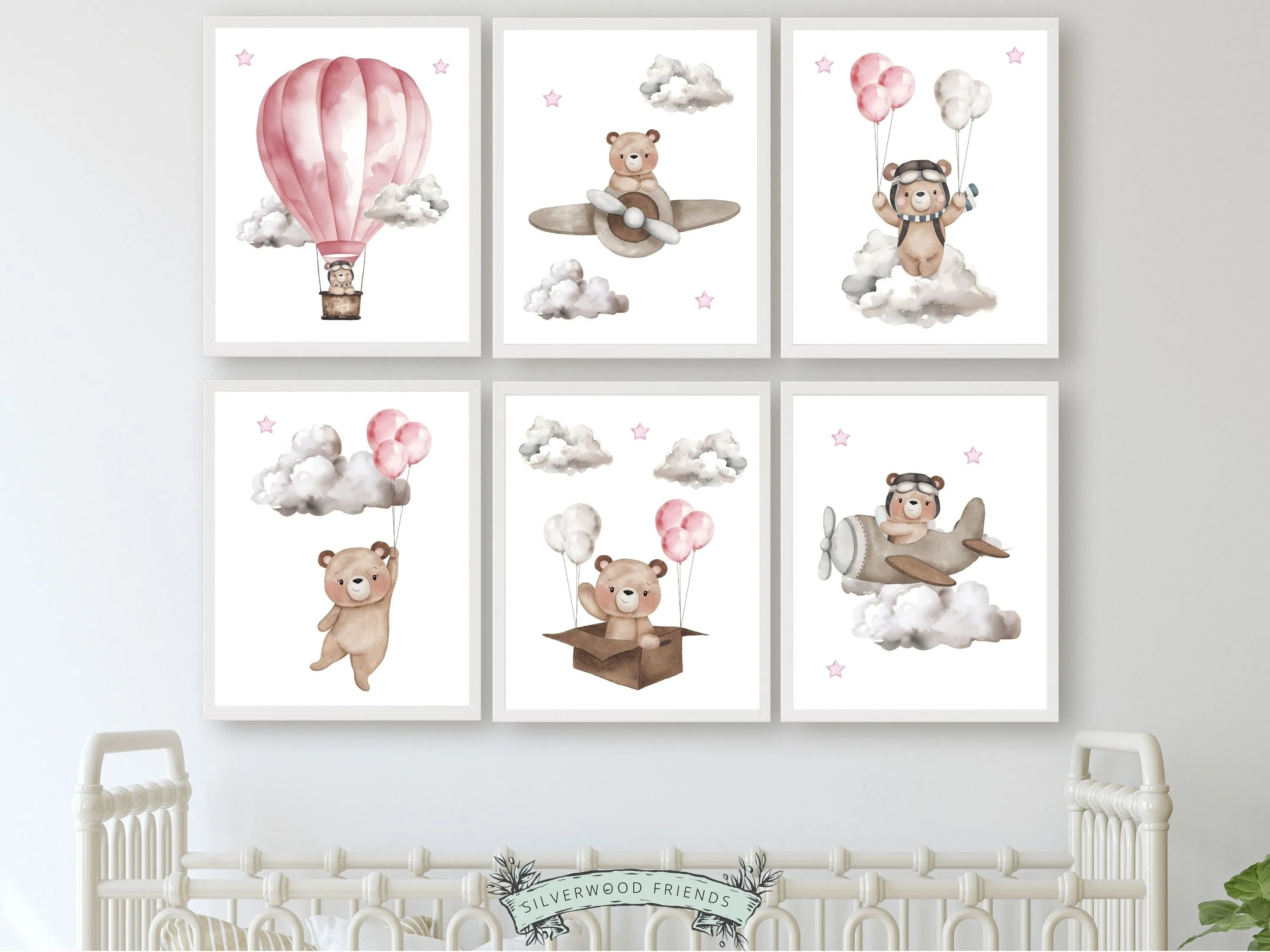 Pink Teddy Bear Nursery Prints Set of 6