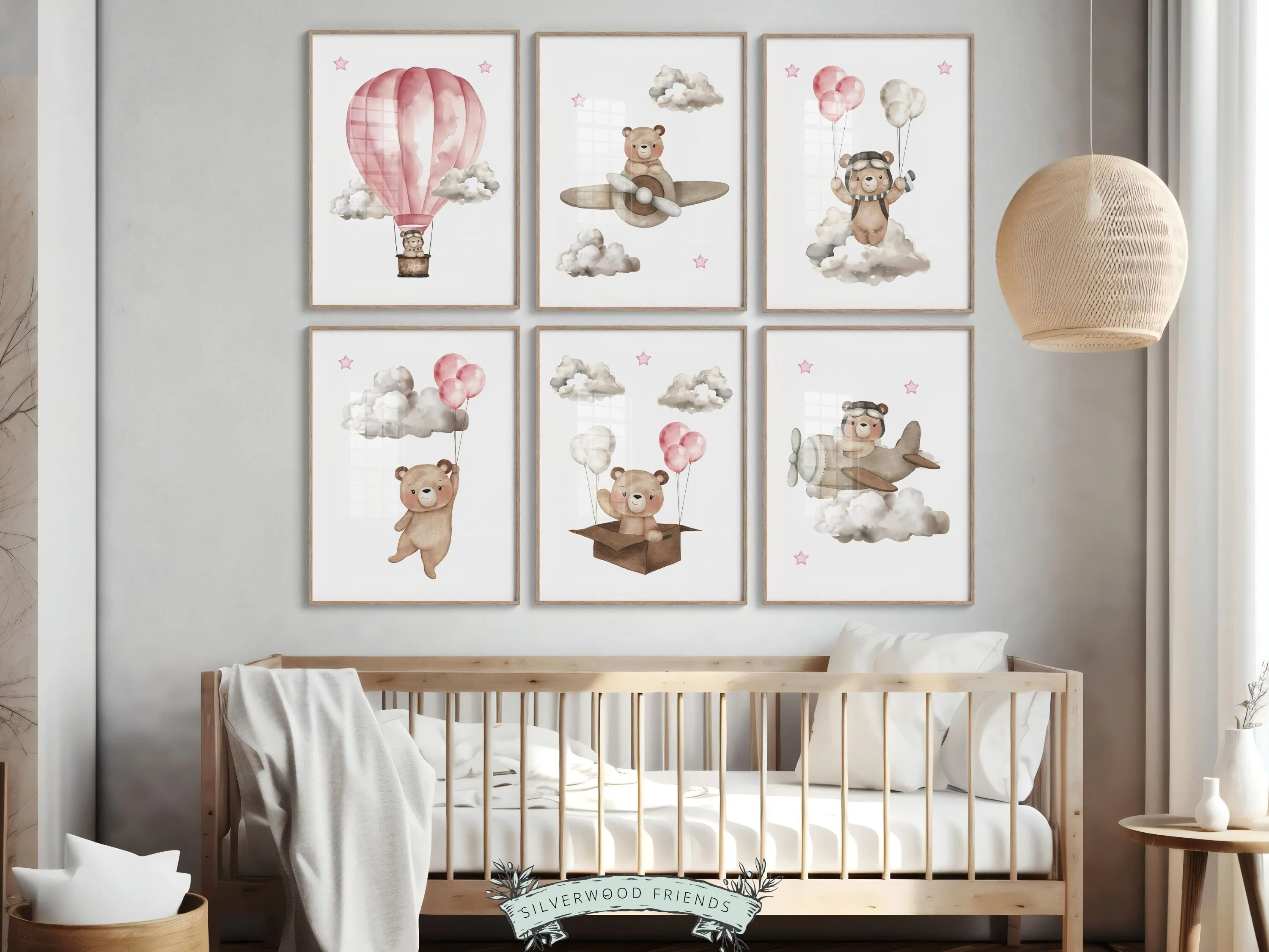 Pink Teddy Bear Nursery Prints Set of 6