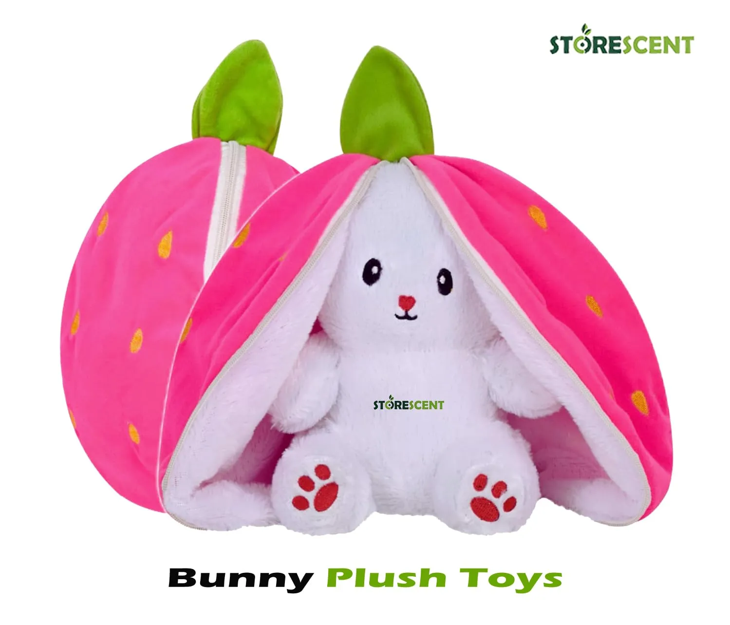 Storescent Reversible Strawberry Rabbit Bunny Plush Toys with Zipper, Cute Plushies Strawberry Bunny Soft Toy, Birthday Gift for Girls & Kids (Pink Bunny 35cm)