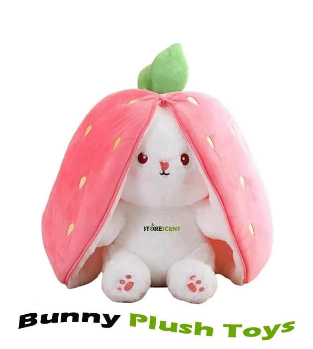 Storescent Reversible Strawberry Rabbit Bunny Plush Toys with Zipper, Cute Plushies Strawberry Bunny Soft Toy, Birthday Gift for Girls & Kids (Pink Bunny 35cm)