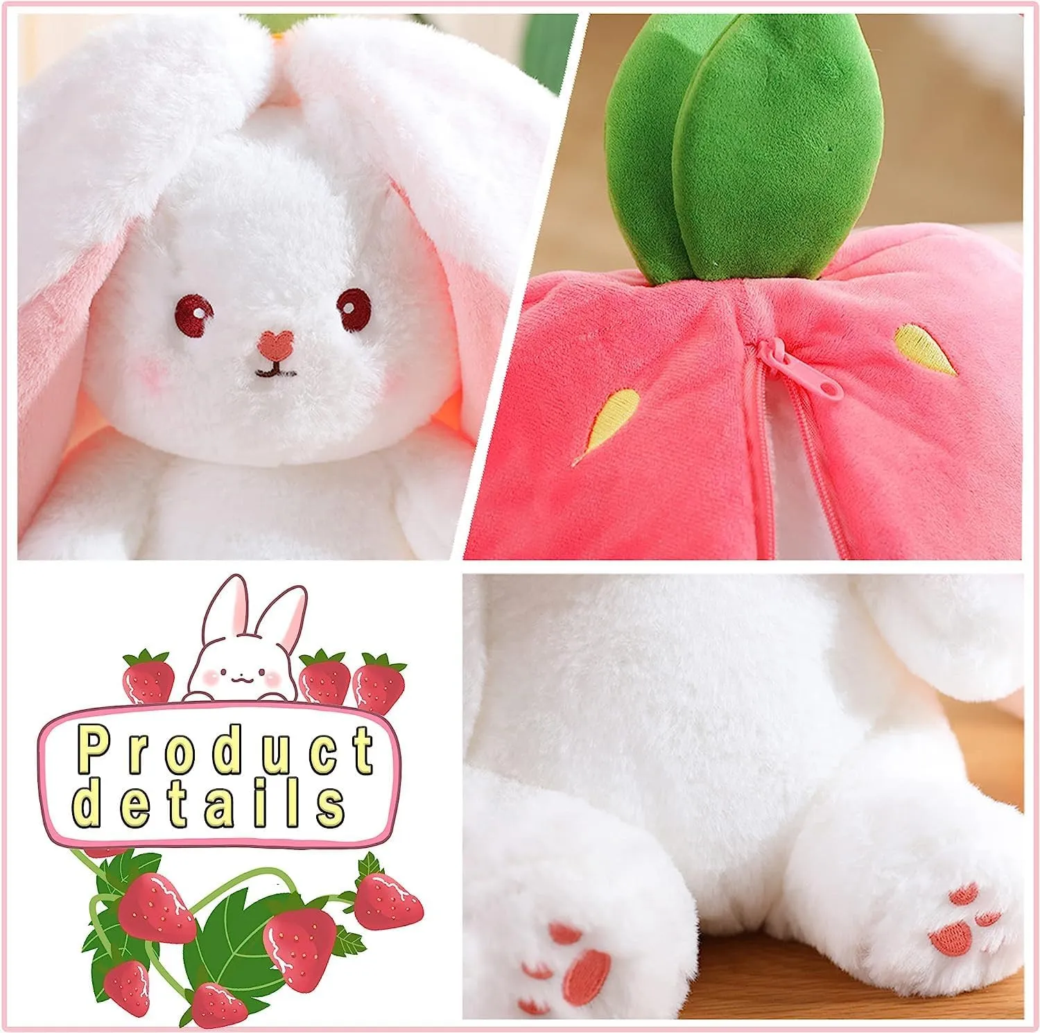 Storescent Reversible Strawberry Rabbit Bunny Plush Toys with Zipper, Cute Plushies Strawberry Bunny Soft Toy, Birthday Gift for Girls & Kids (Pink Bunny 35cm)