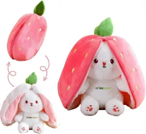 Storescent Reversible Strawberry Rabbit Bunny Plush Toys with Zipper, Cute Plushies Strawberry Bunny Soft Toy, Birthday Gift for Girls & Kids (Pink Bunny 35cm)