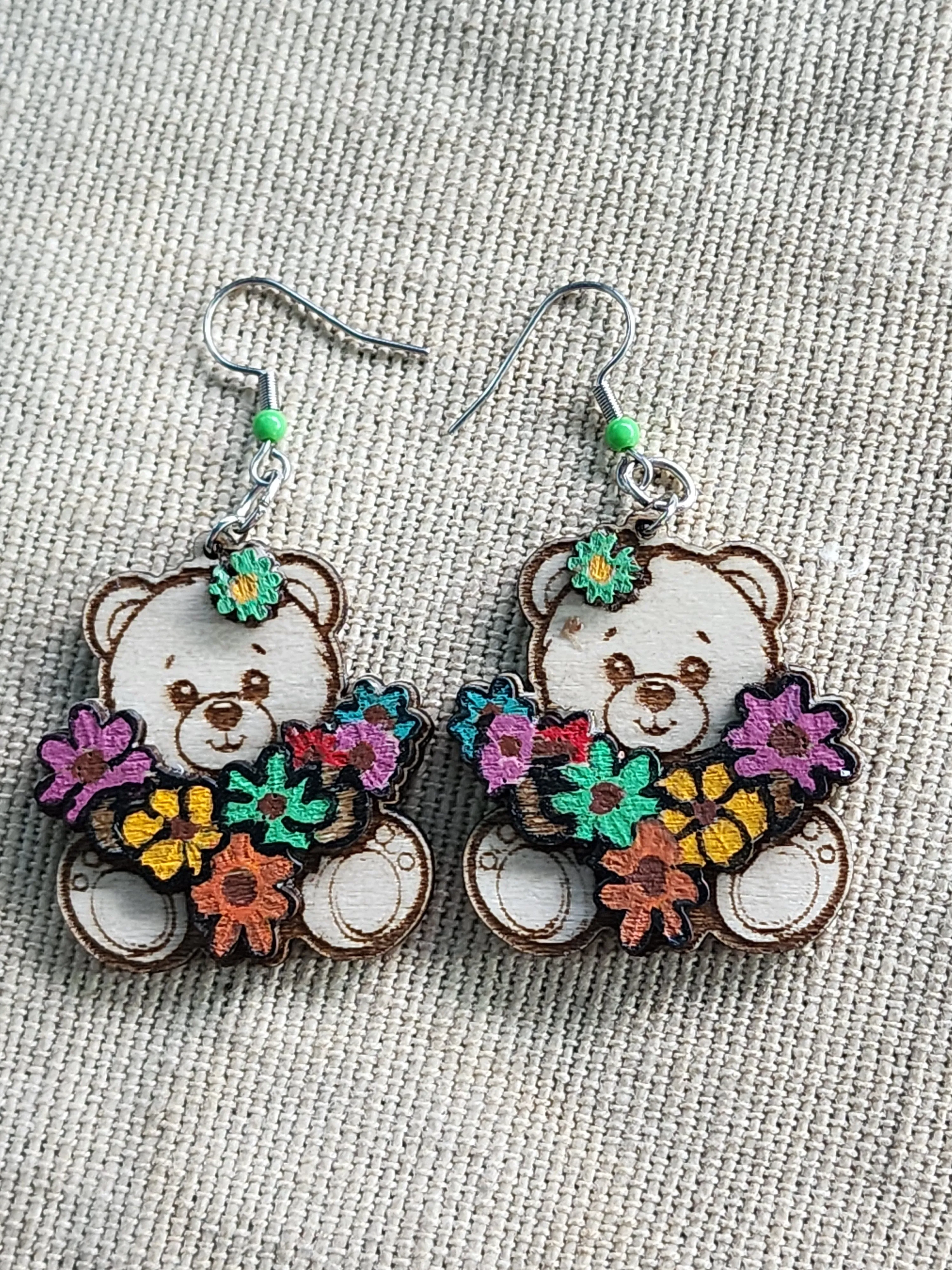 Teddy Bear Flower Wooden Earrings