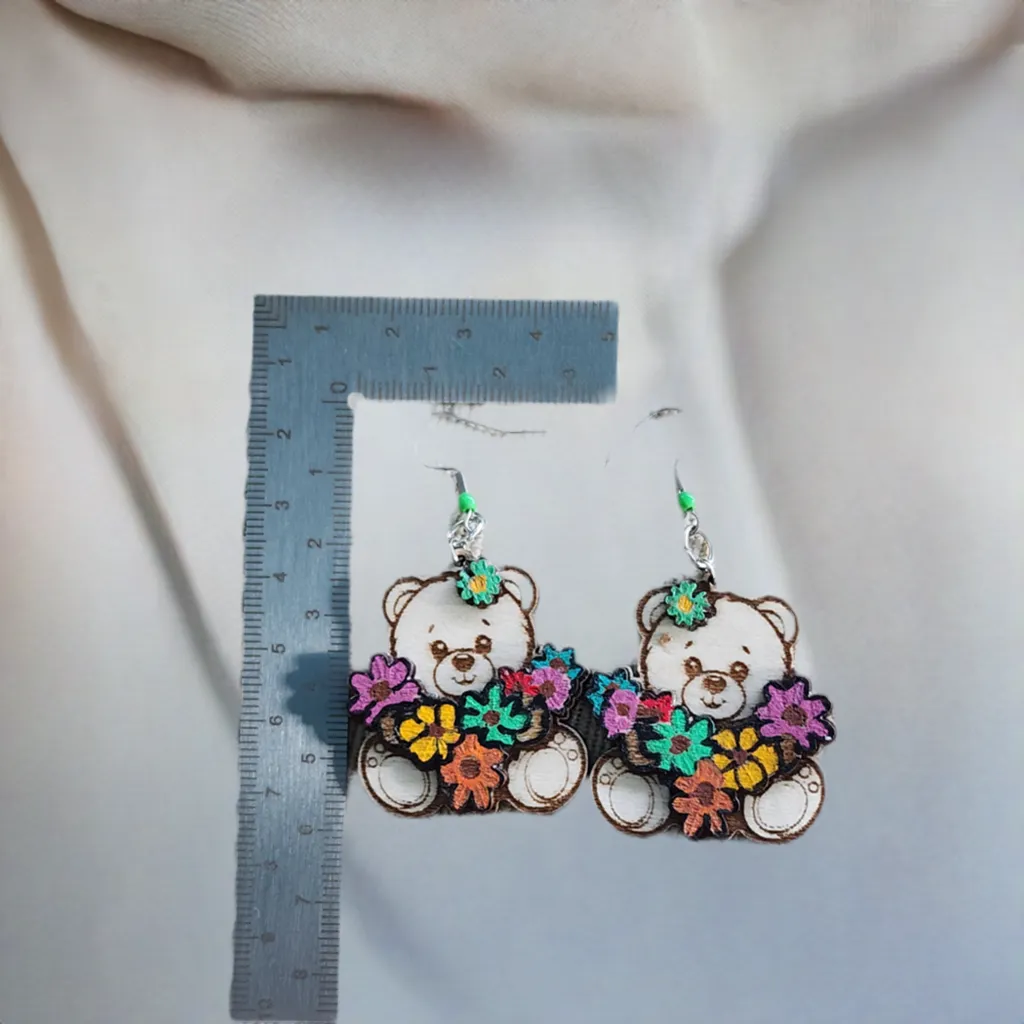 Teddy Bear Flower Wooden Earrings