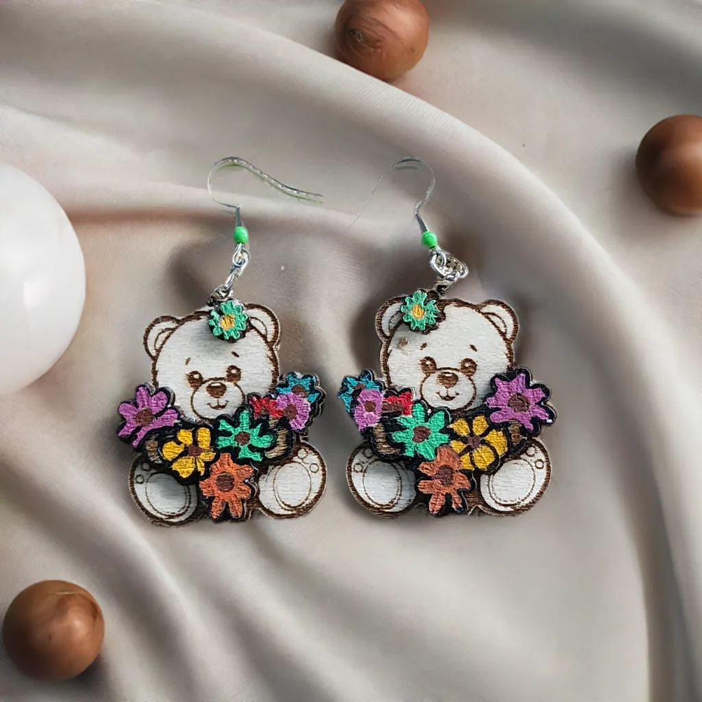 Teddy Bear Flower Wooden Earrings