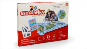 UnikPlay Geografika World Map Game - Game Night, Engaging Board Games for Kids 6-8, Games Ages 4-8 – Non-Tearable, Waterproof Illustrated Map with 280  Trivia Questions, 48 Double-Sided Cards