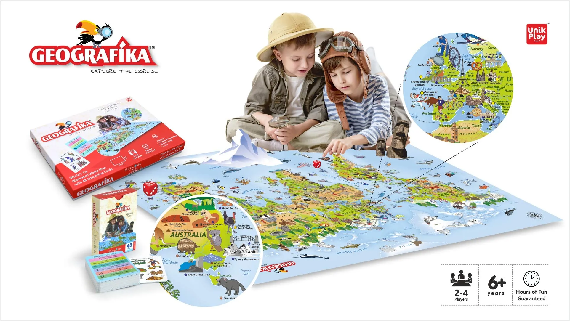 UnikPlay Geografika World Map Game - Game Night, Engaging Board Games for Kids 6-8, Games Ages 4-8 – Non-Tearable, Waterproof Illustrated Map with 280  Trivia Questions, 48 Double-Sided Cards