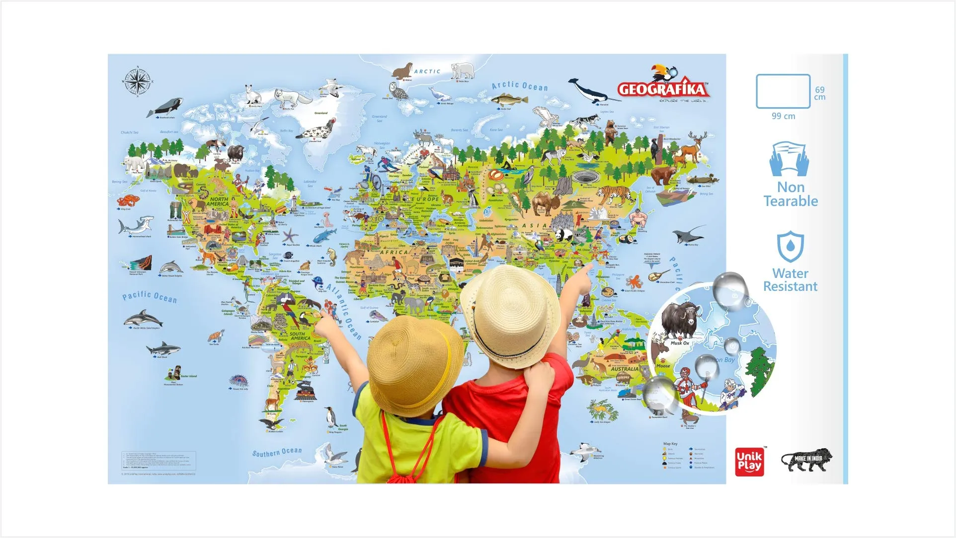 UnikPlay Geografika World Map Game - Game Night, Engaging Board Games for Kids 6-8, Games Ages 4-8 – Non-Tearable, Waterproof Illustrated Map with 280  Trivia Questions, 48 Double-Sided Cards