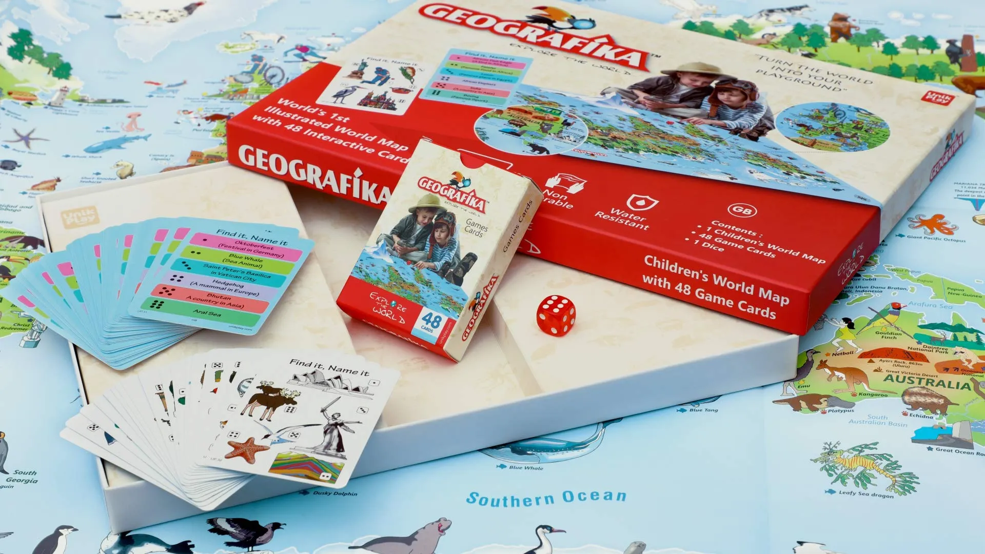 UnikPlay Geografika World Map Game - Game Night, Engaging Board Games for Kids 6-8, Games Ages 4-8 – Non-Tearable, Waterproof Illustrated Map with 280  Trivia Questions, 48 Double-Sided Cards