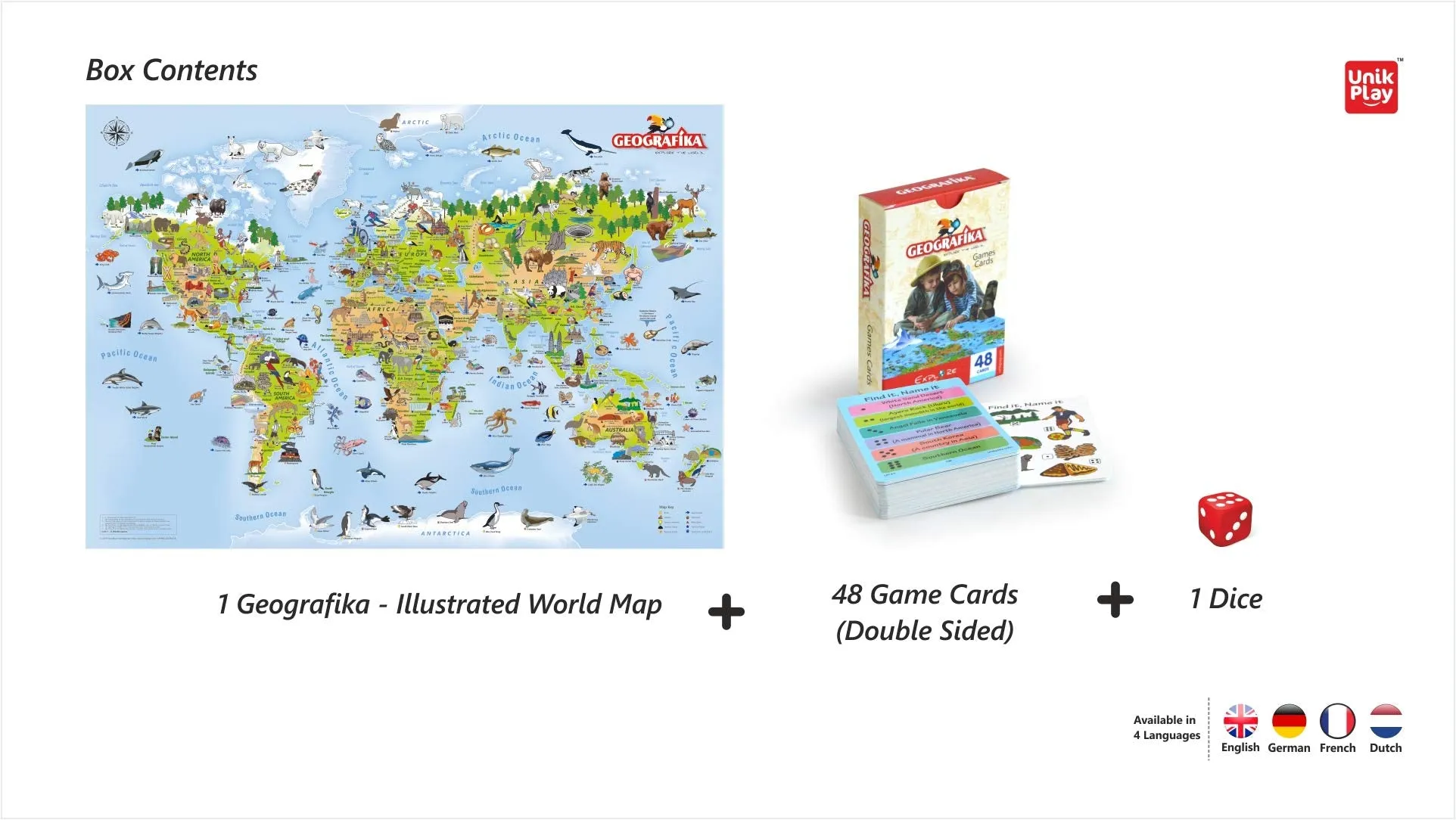 UnikPlay Geografika World Map Game - Game Night, Engaging Board Games for Kids 6-8, Games Ages 4-8 – Non-Tearable, Waterproof Illustrated Map with 280  Trivia Questions, 48 Double-Sided Cards